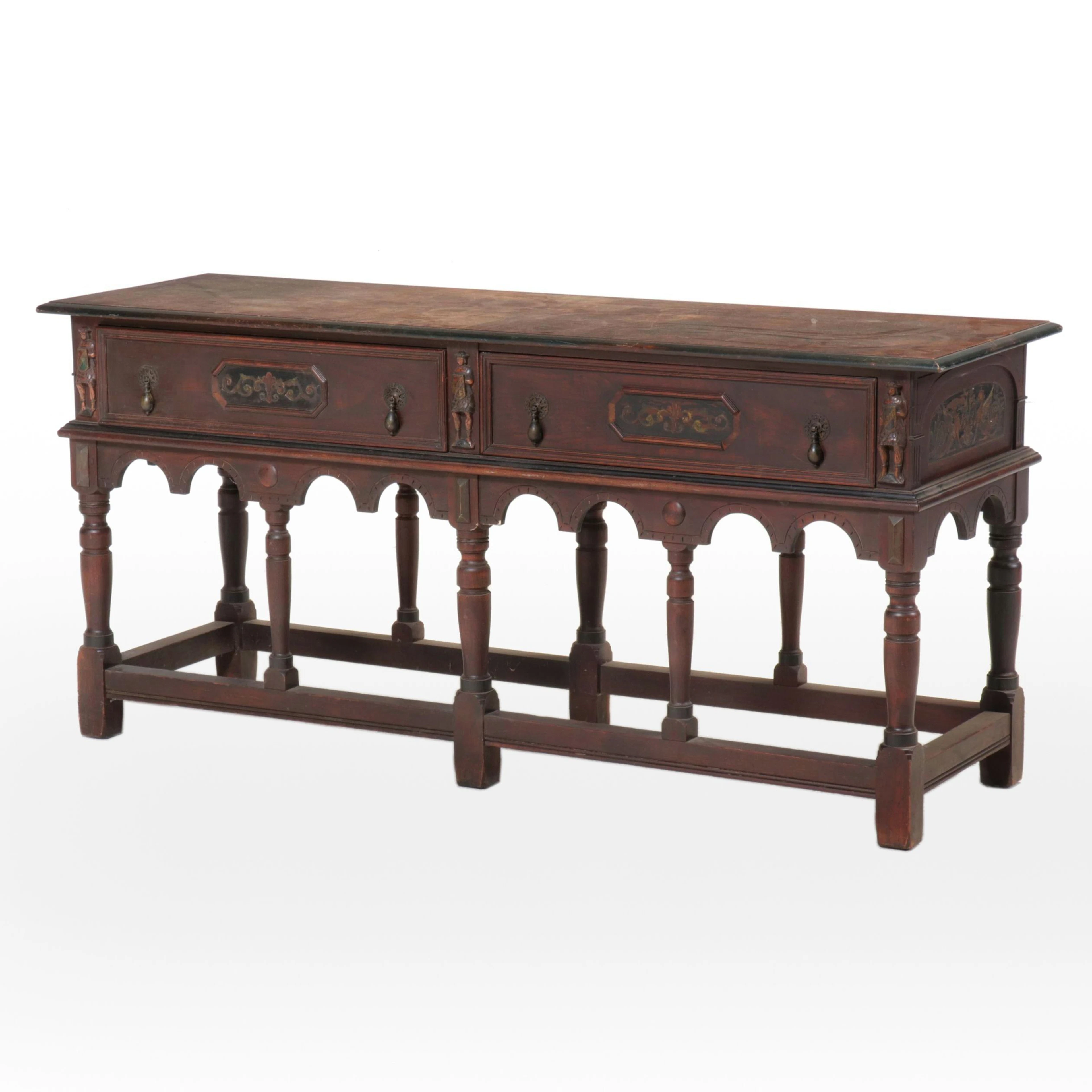 Paine Furniture Co. Jacobean Revival Style Carved Oak and Painted Buffet