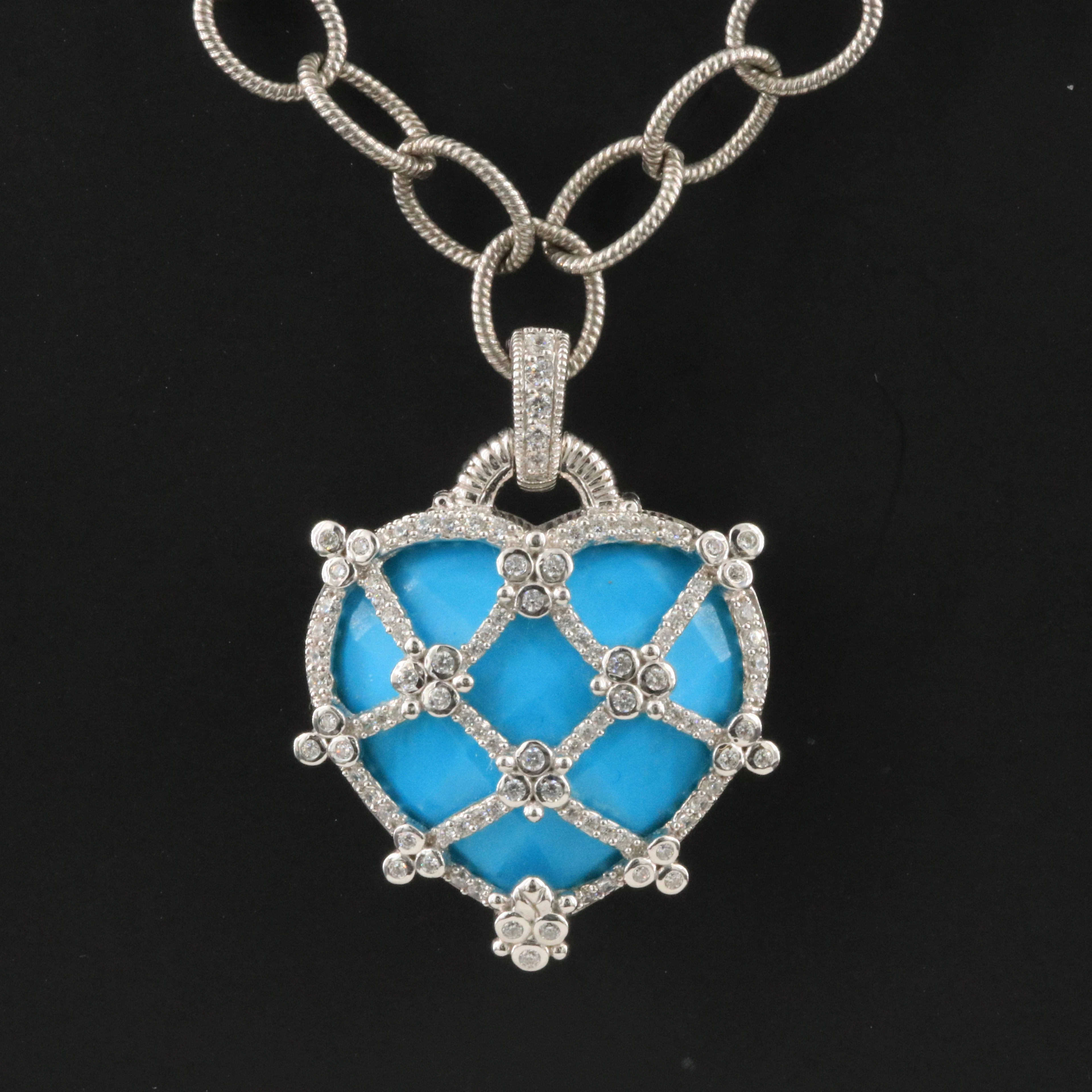 Judith Ripka Sterling Necklace with Faux Turquoise Heart and CZ Pendant