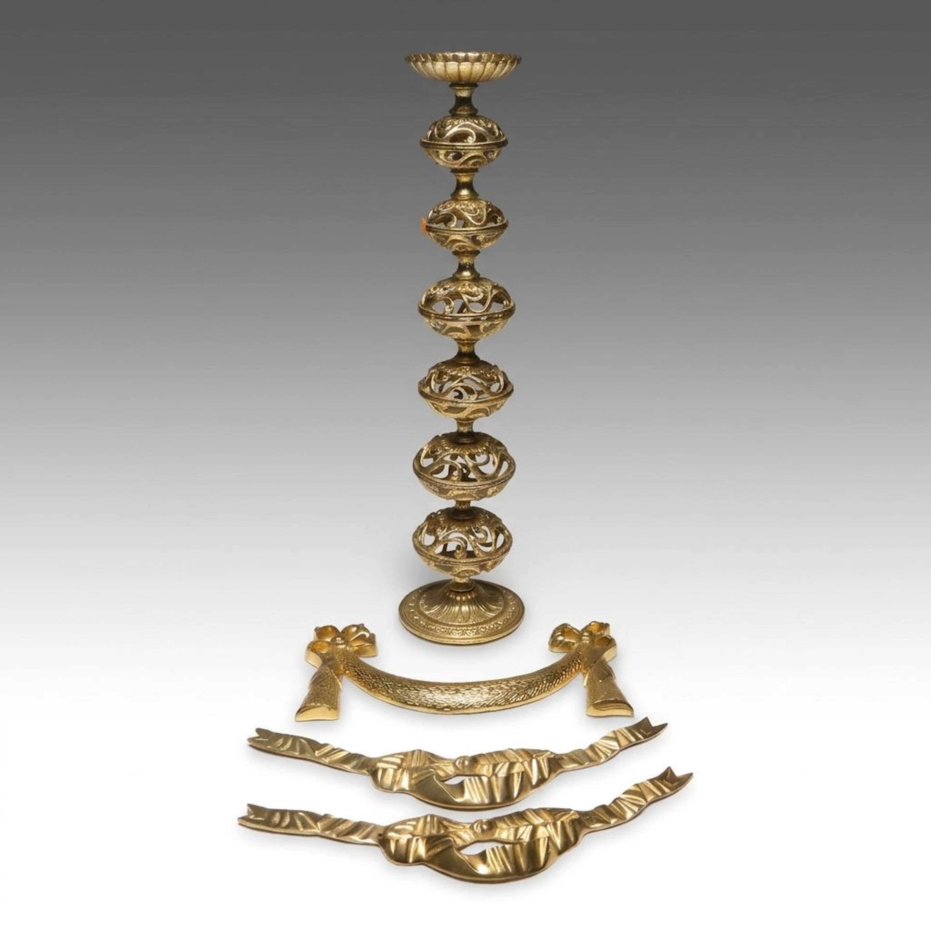 Gilt Metal Openwork Candle Holder with Decorative Brass Plaques