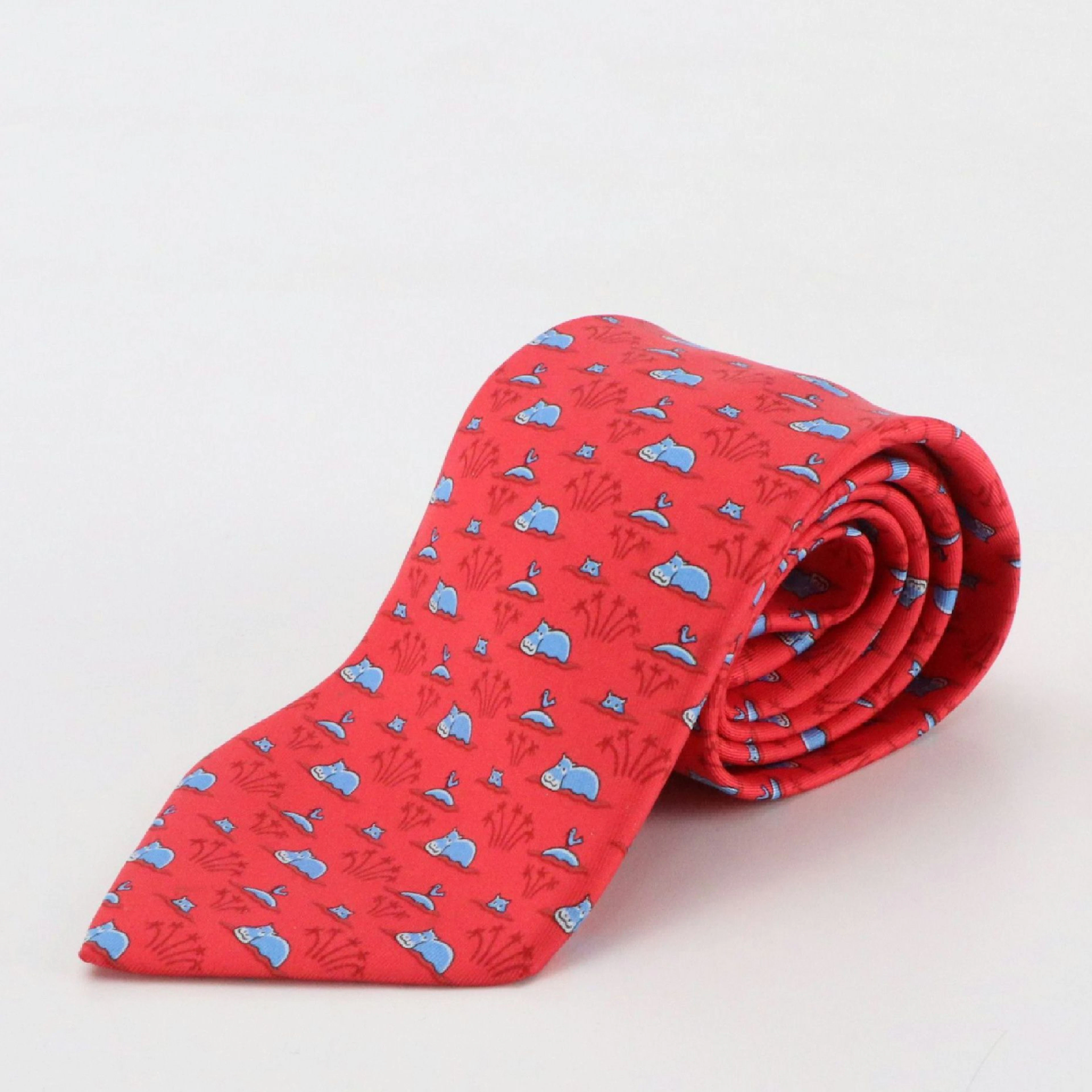 Hermès Silk Twill Hand-Stitched Necktie in Hippopotamus and Bird Print
