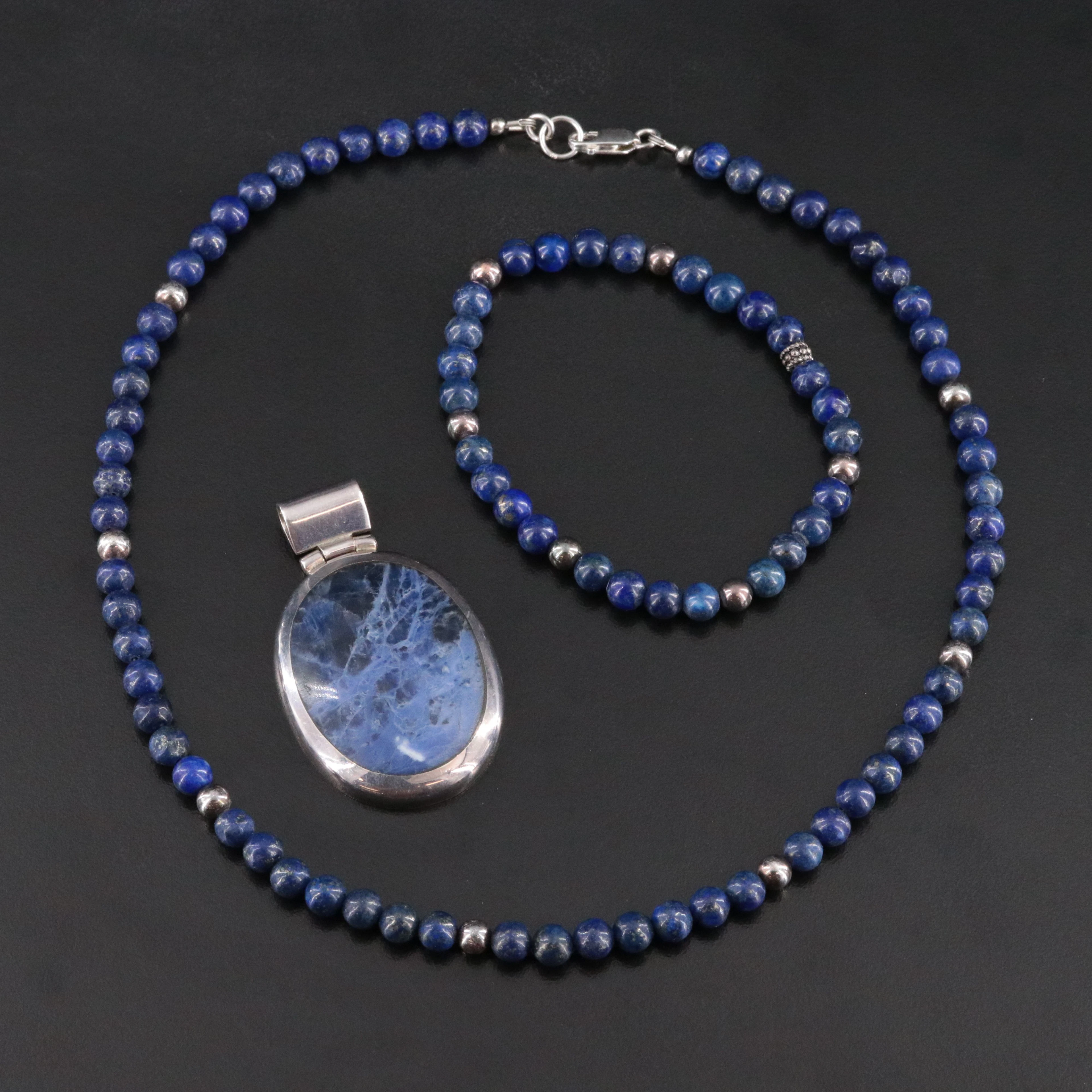 Sterling Lapis Lazuli and Sodalite Necklace, Bracelet and Pendant