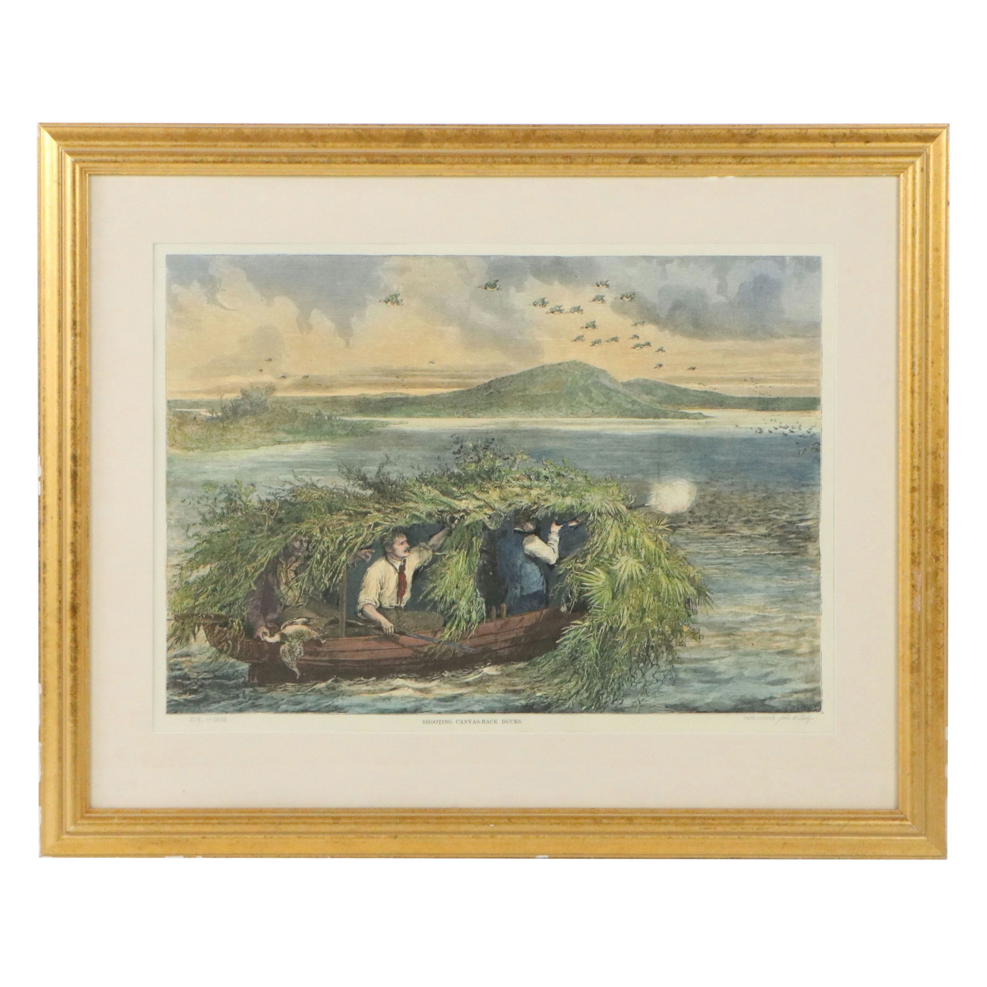 Hand-Colored Lithograph "Shooting Canvas-Back Ducks"