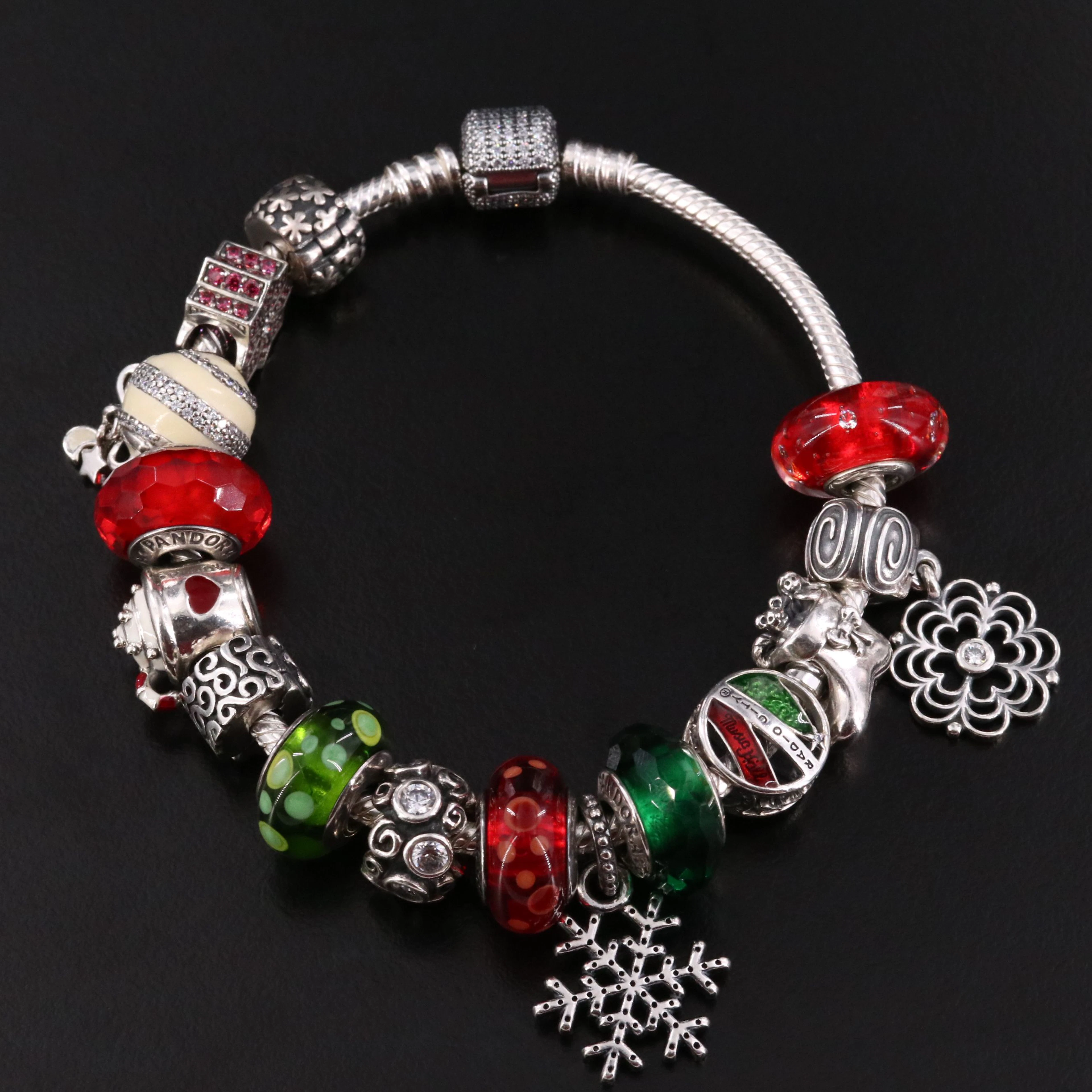 Pandora Sterling Bracelet with Glass, CZ, and Enamel Bead Charms