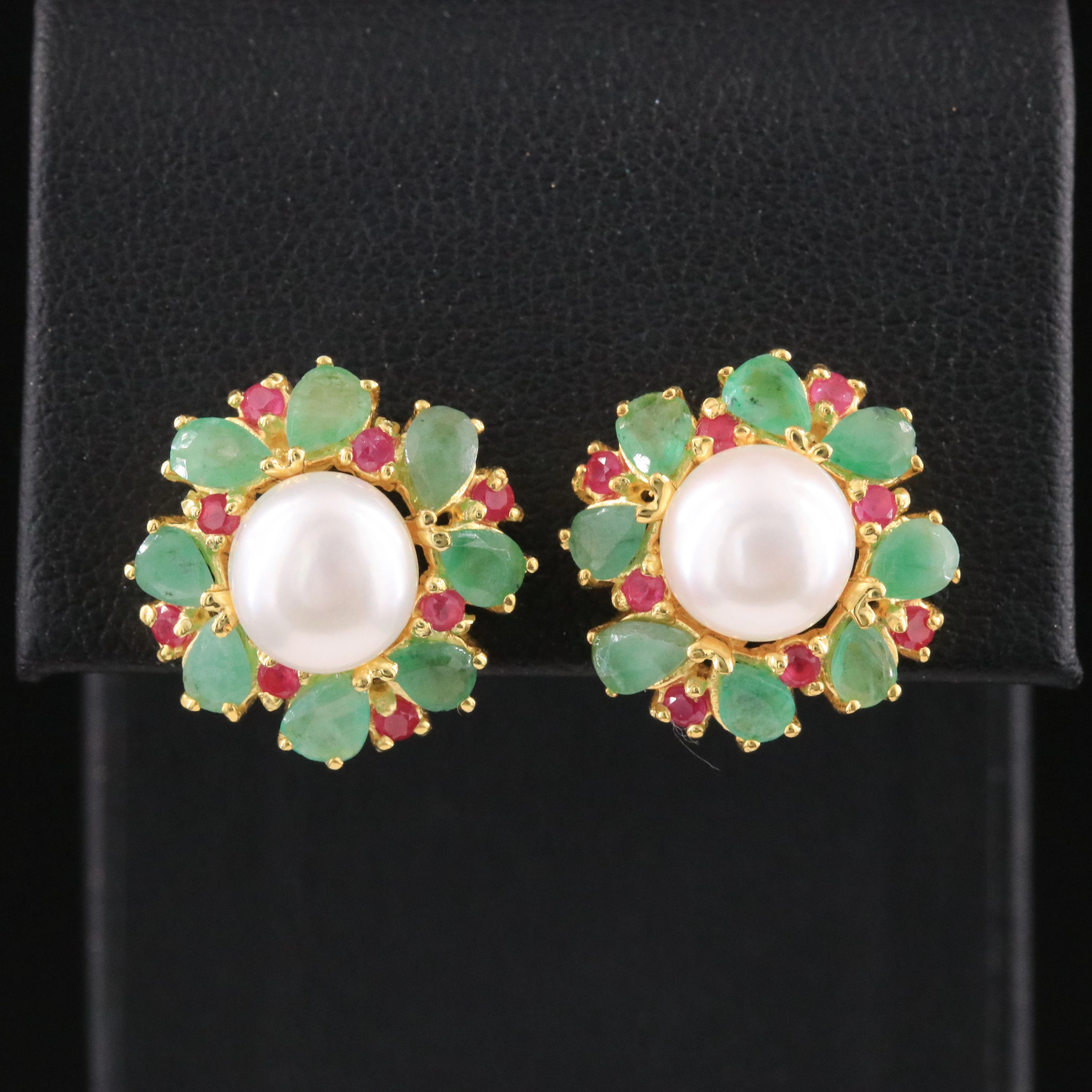 Sterling Button Pearl and Emerald Earrings with Filled Corundum Accents