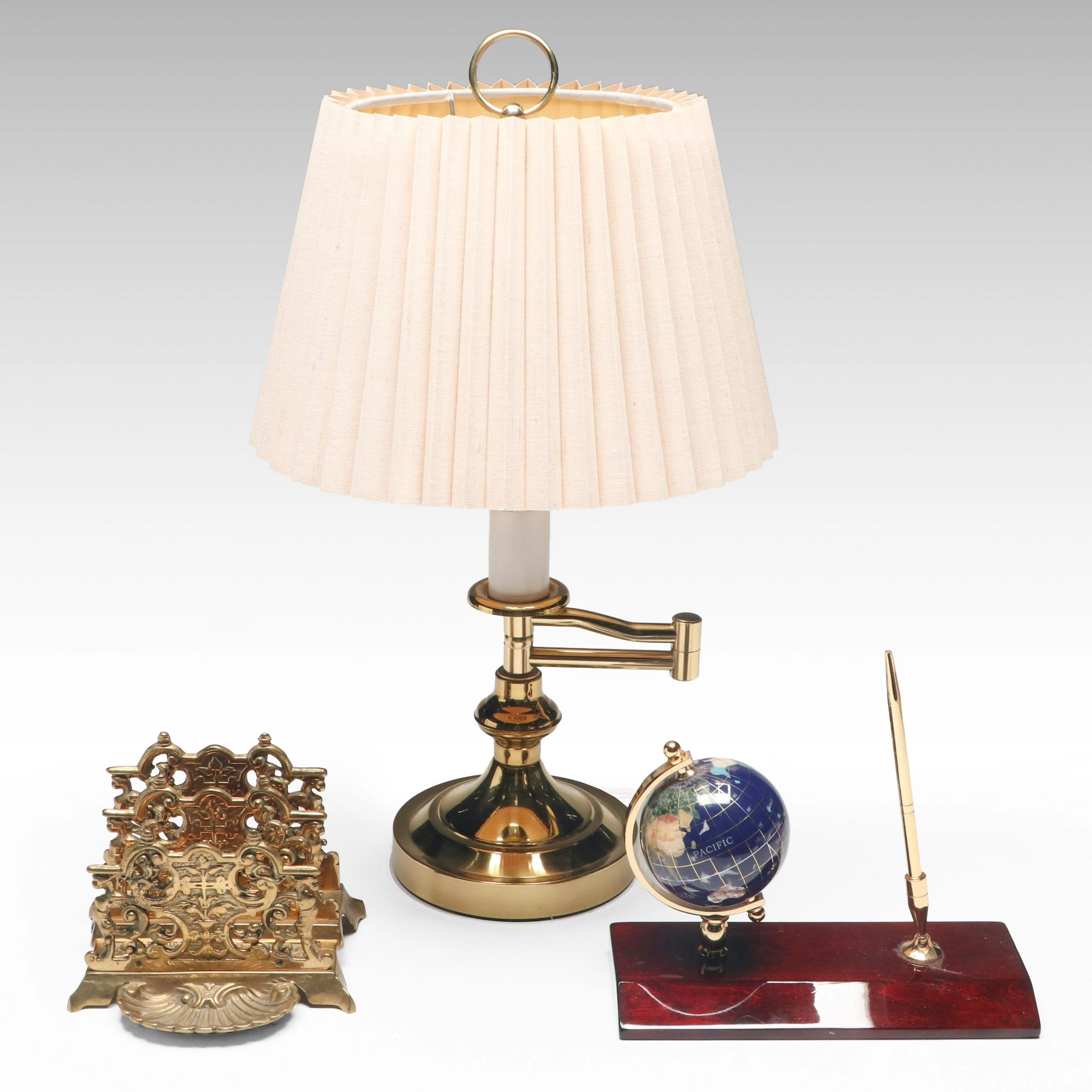 Swing Arm Brass Accent Lamp with Pen Holder and Victorian Style Letter Rack