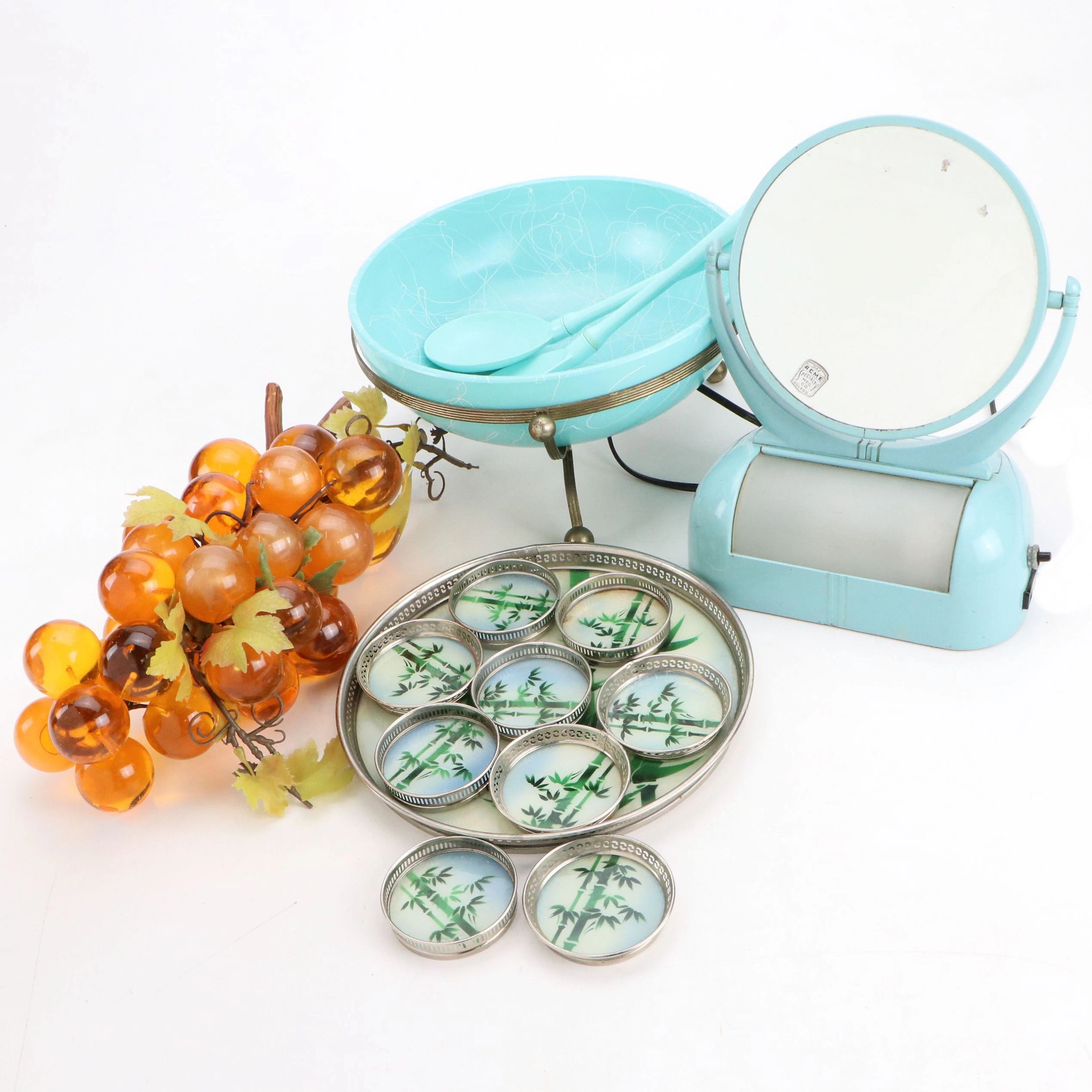 Vintage Serving Pieces with Decorative Grapes and Vanity Mirror