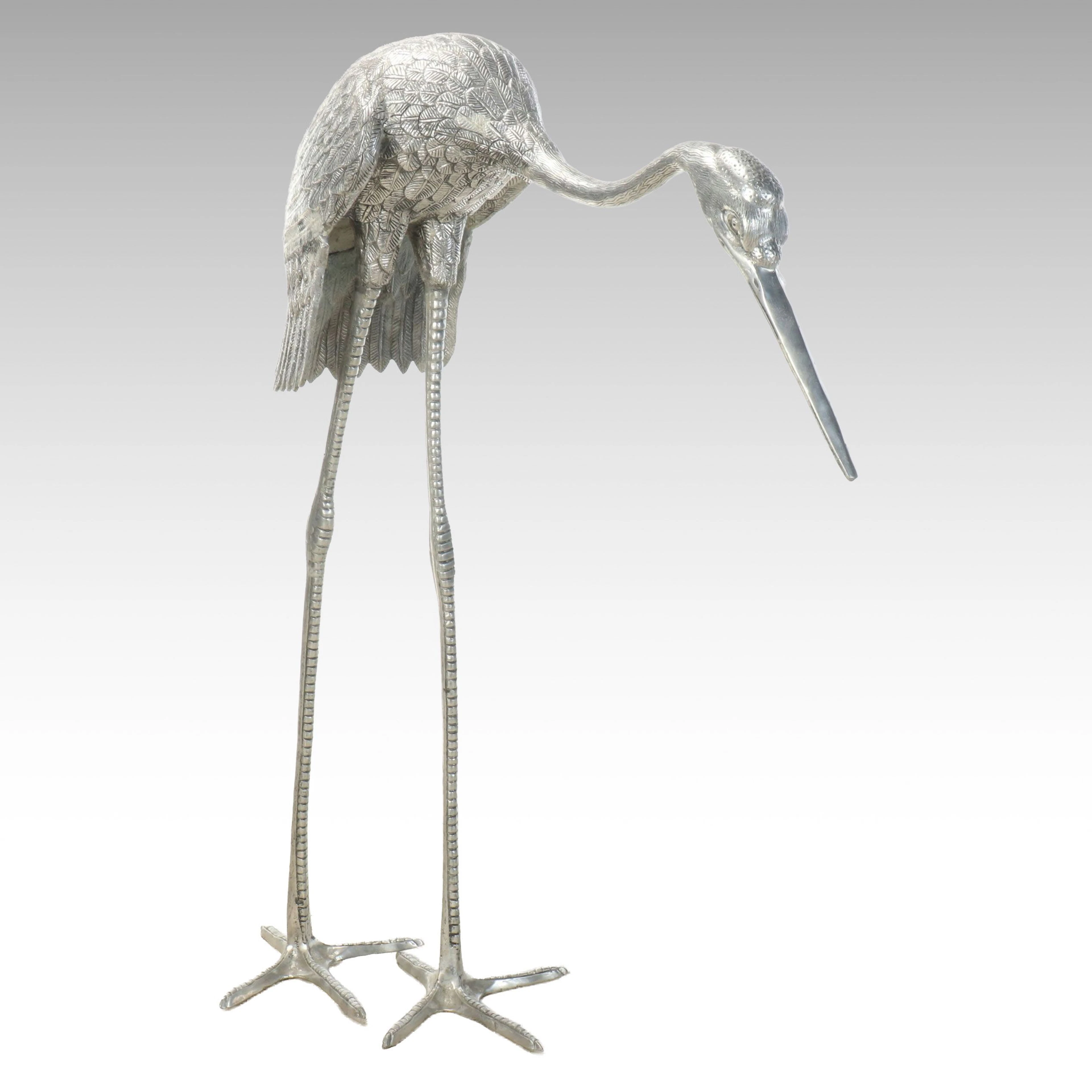 Silver Finished Metal Indoor or Outdoor Crane Statue