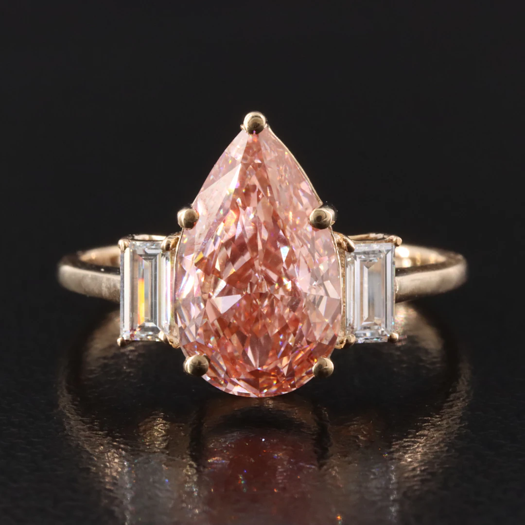 14K 3.34 CTW Lab Grown Diamond Ring with Fancy Vivid Pink Center and IGI Report