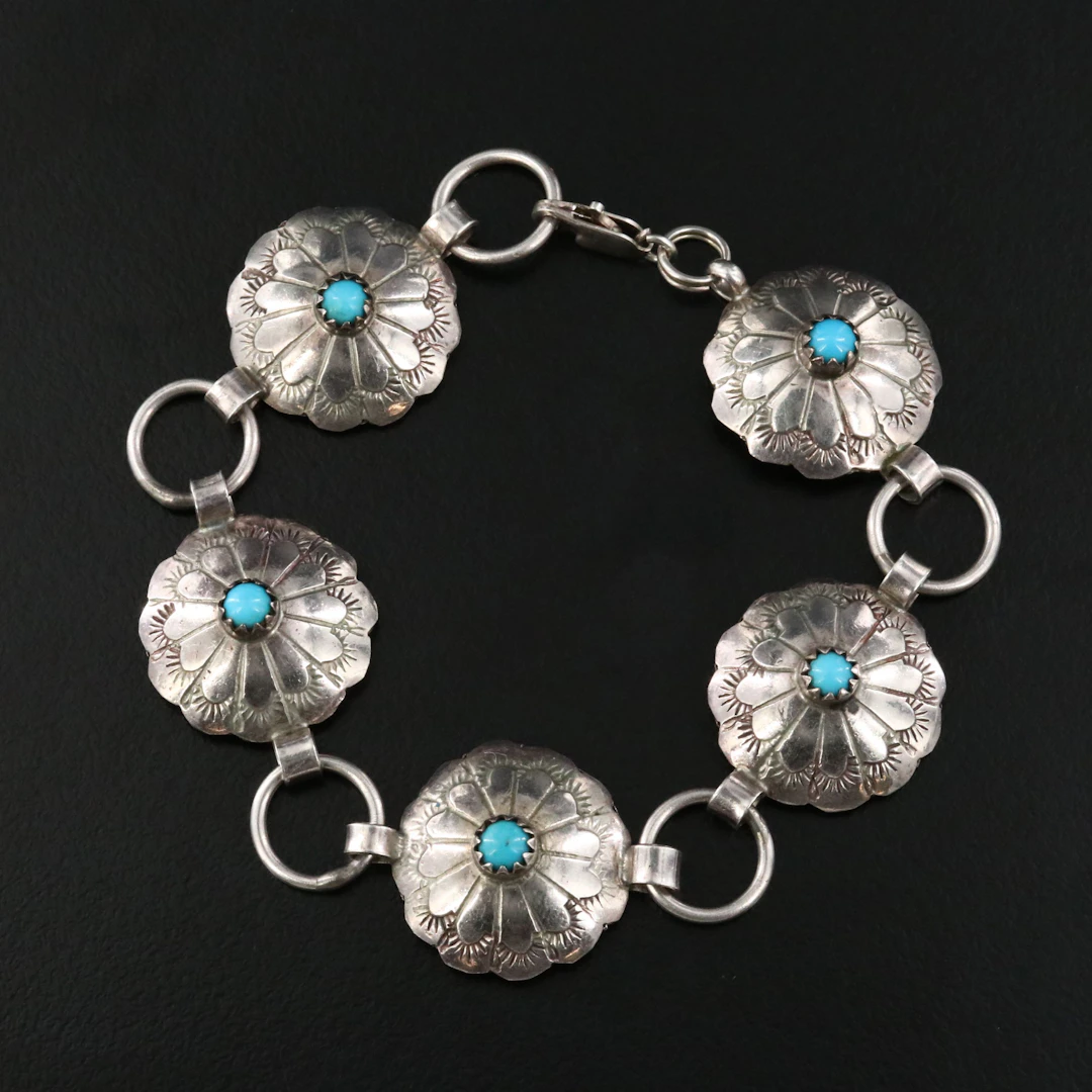 Southwestern Sterling Turquoise Concho Link Bracelet