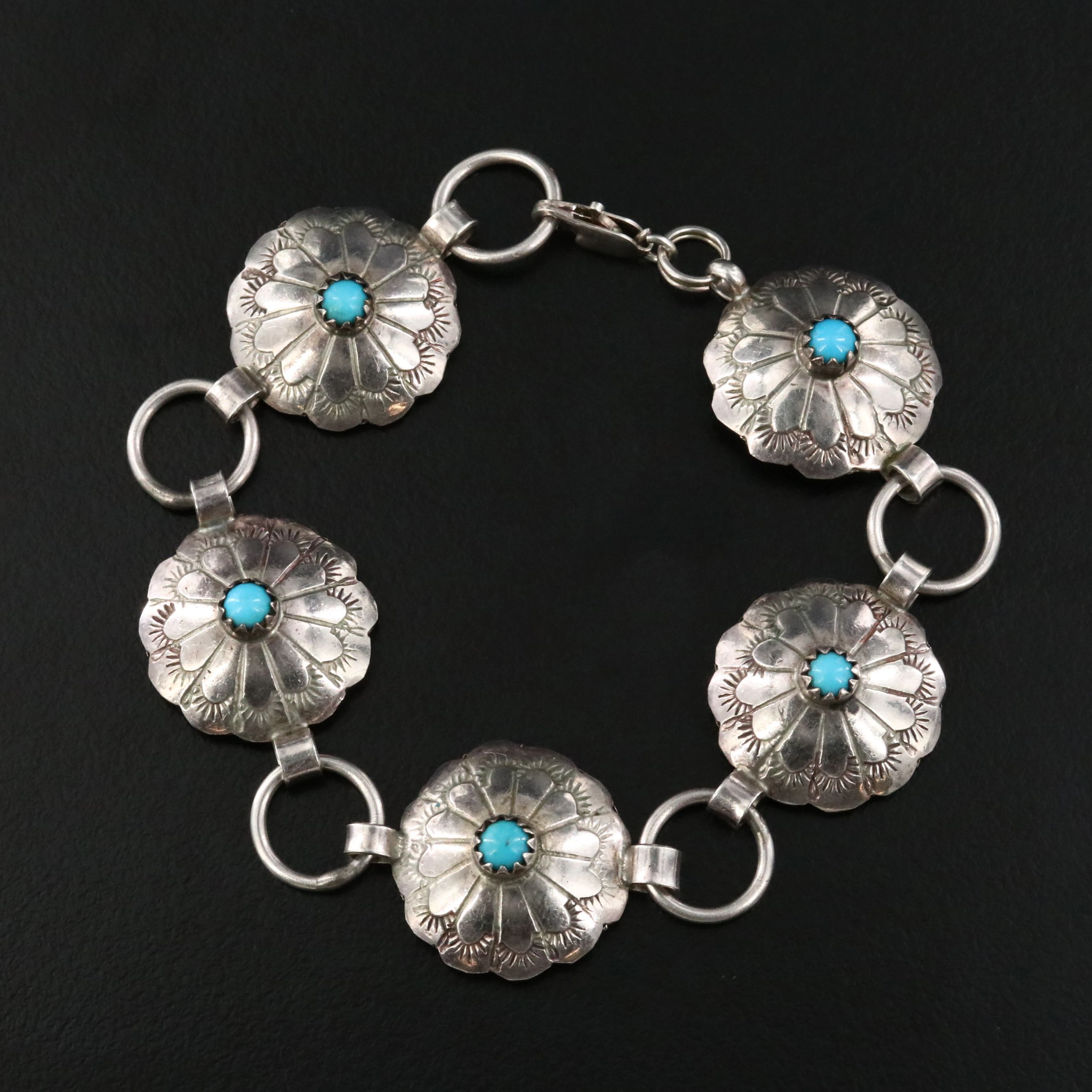 Southwestern Sterling Turquoise Concho Link Bracelet