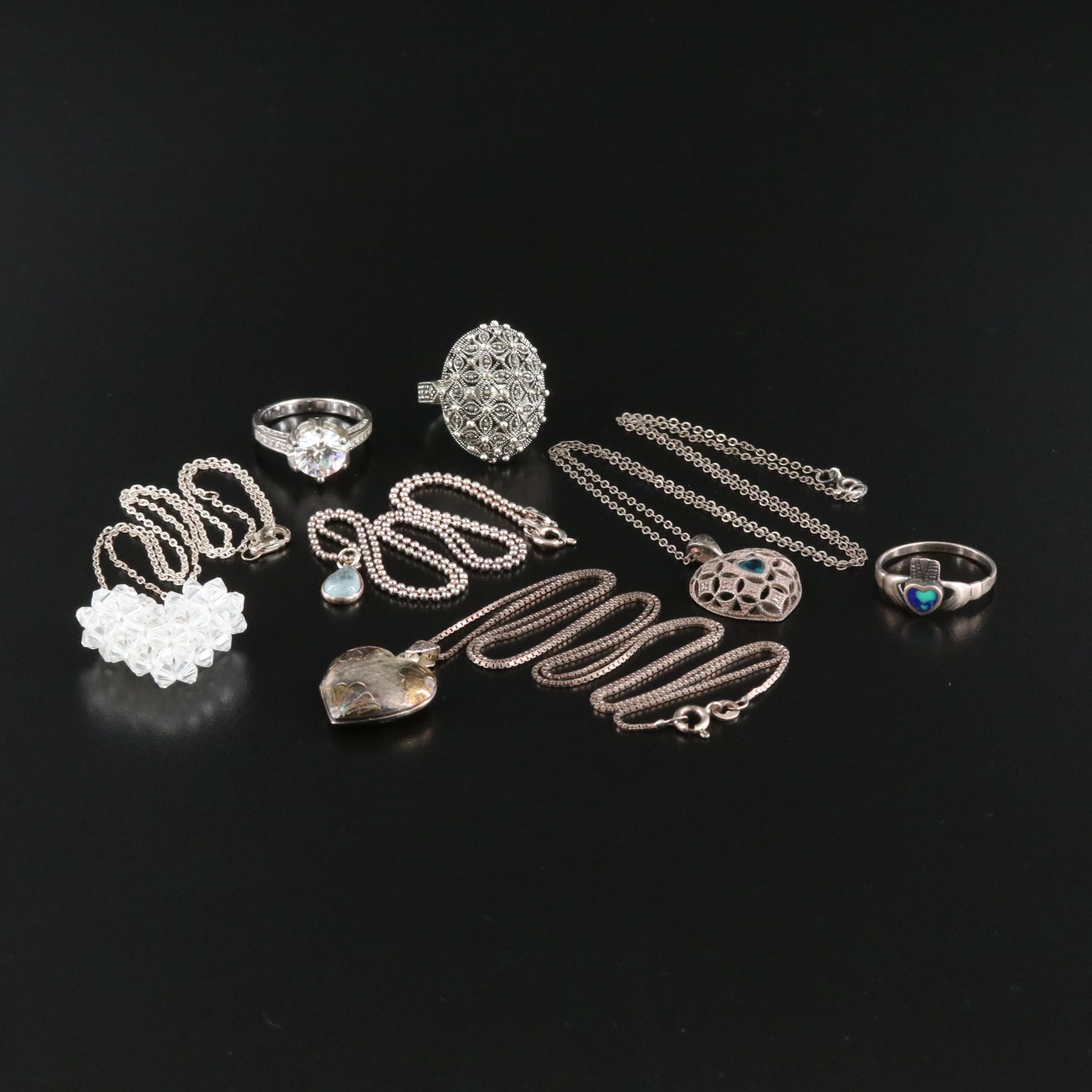 Sterling Ring and Necklace Collection Featuring Woven Crystal Heart and Azurite