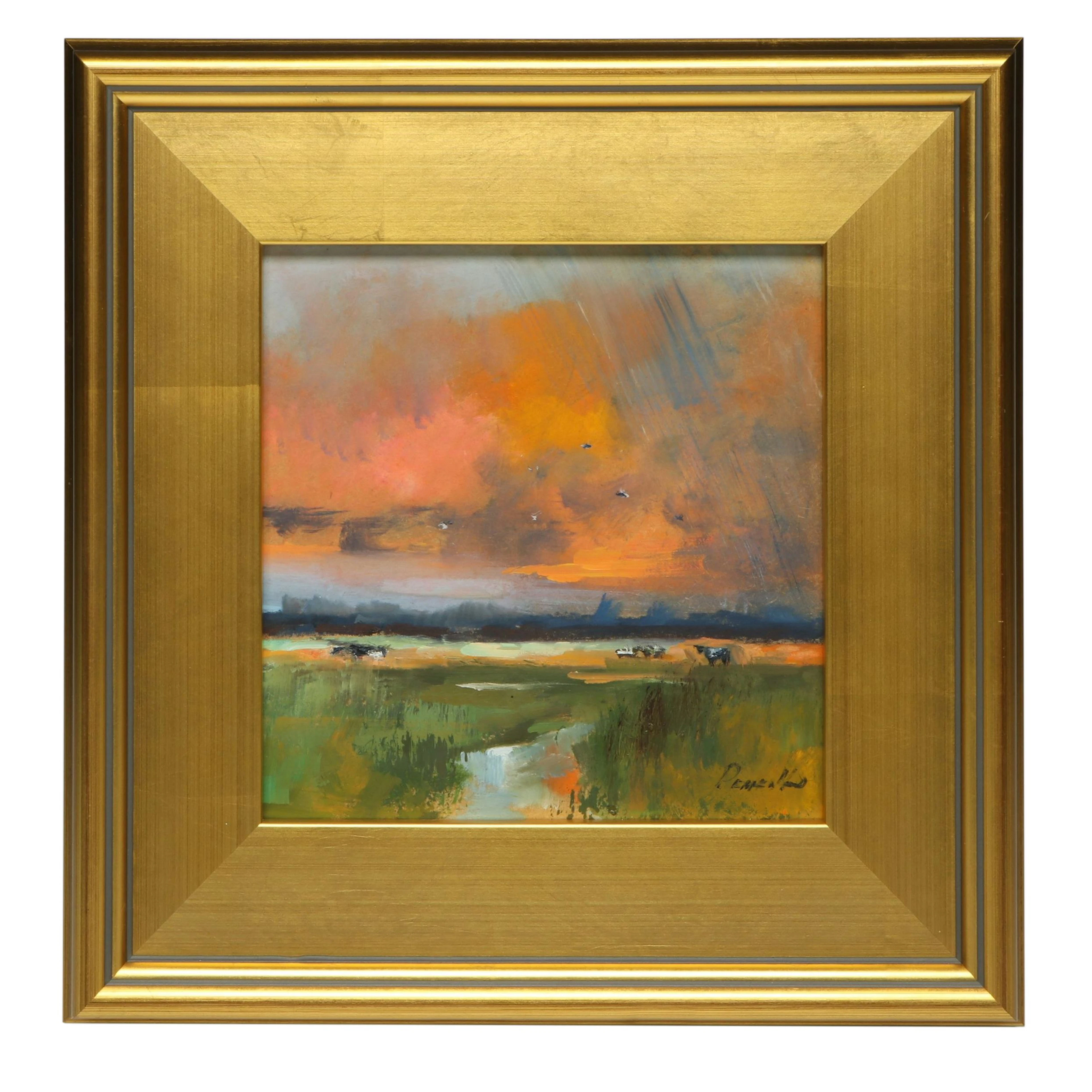 Natalia Demenko Abstracted Oil Painting of Sunset Landscape, 21st Century