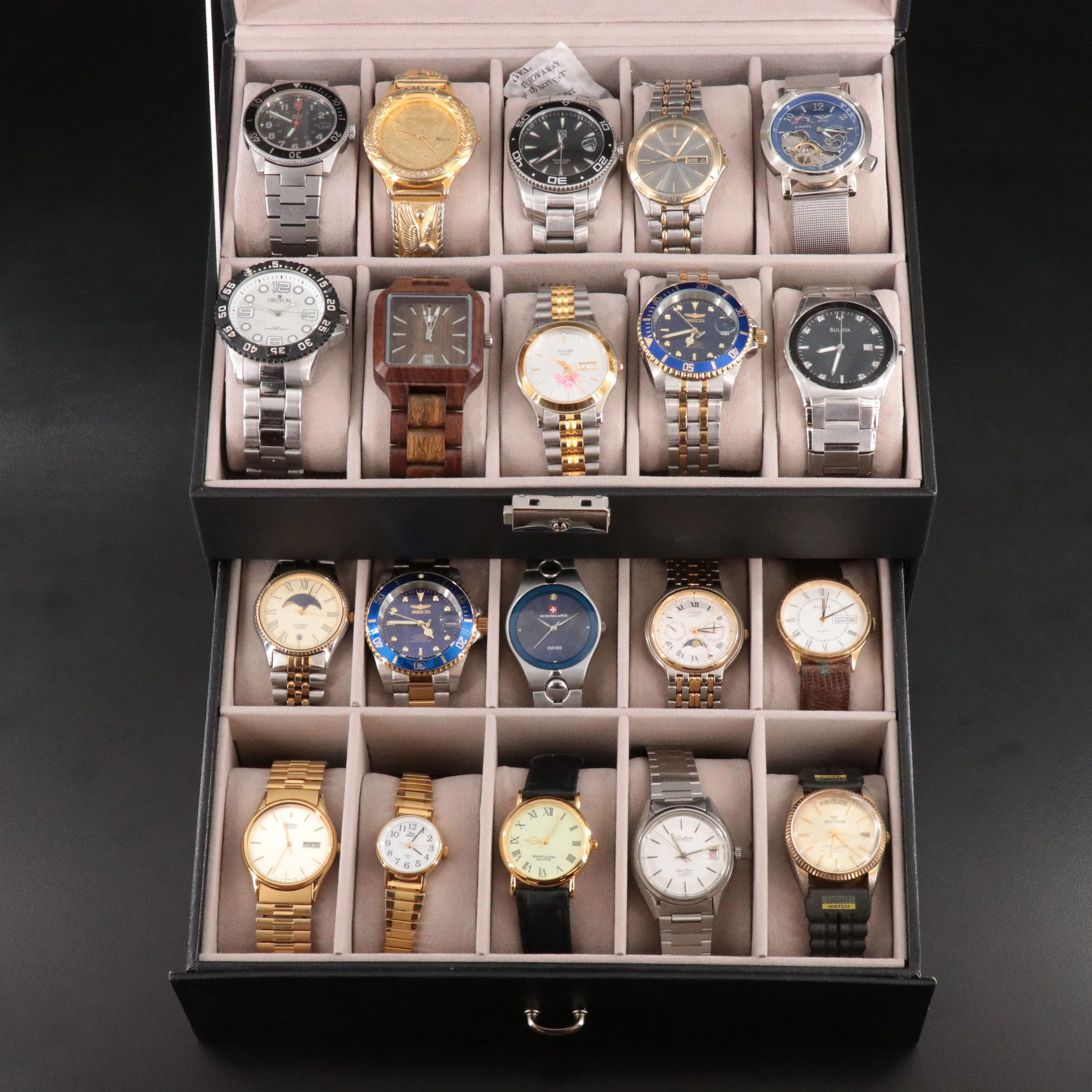 Sport and Dress Watch Collection in Leather Box Featuring Invicta and Bulova