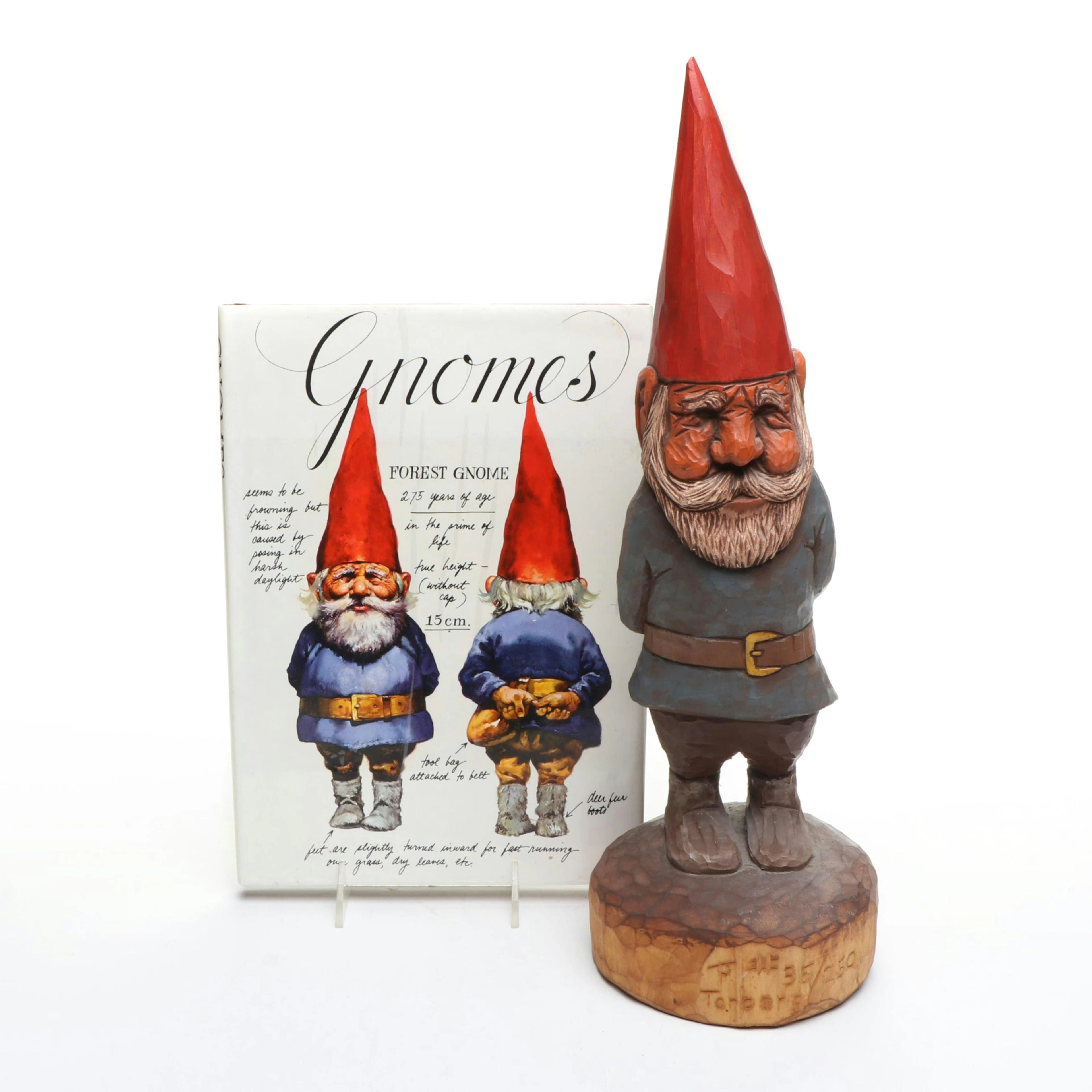 Artist Signed Carved Wood Gnome with "Gnomes" Book
