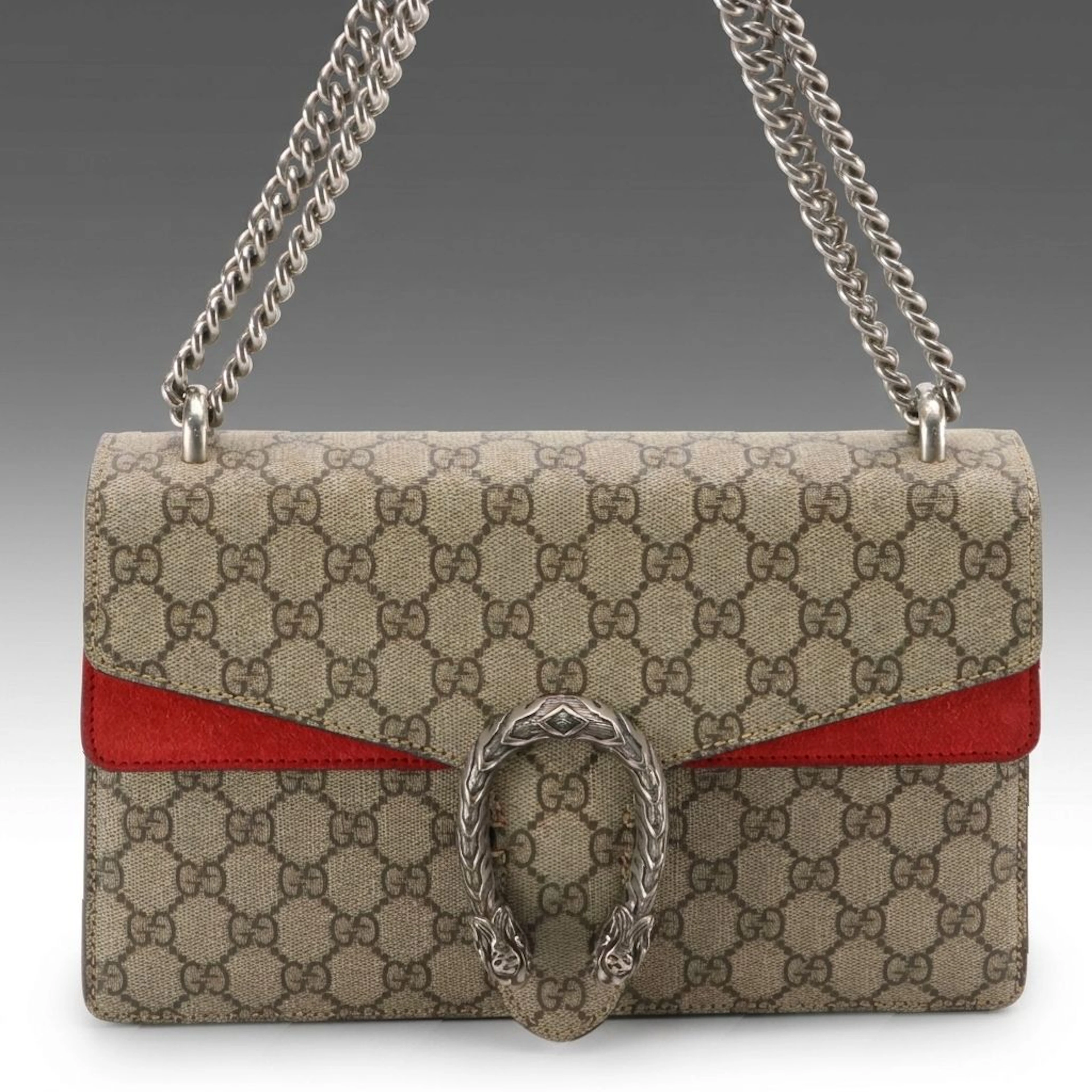 Gucci Dionysus Small Shoulder Bag in GG Supreme Monogram Canvas and Red Suede