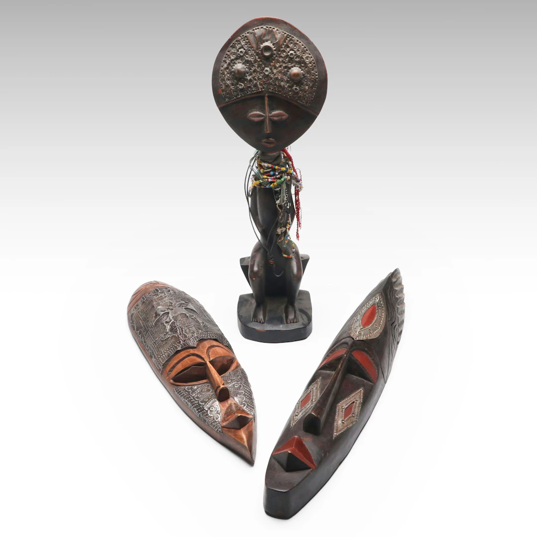 Ghana Ashanti Akua’ba Figure on Stool with Metal Accented Wood Masks