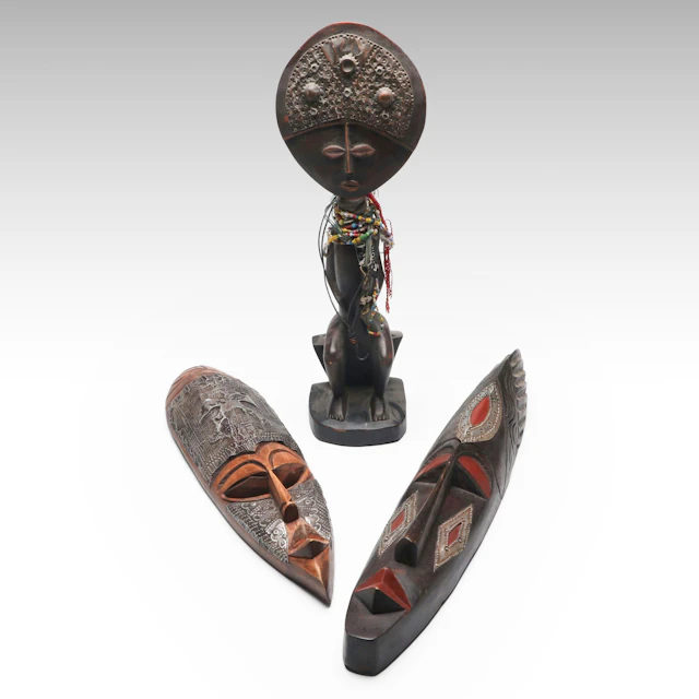 Ghana Ashanti Akua’ba Figure on Stool with Metal Accented Wood Masks