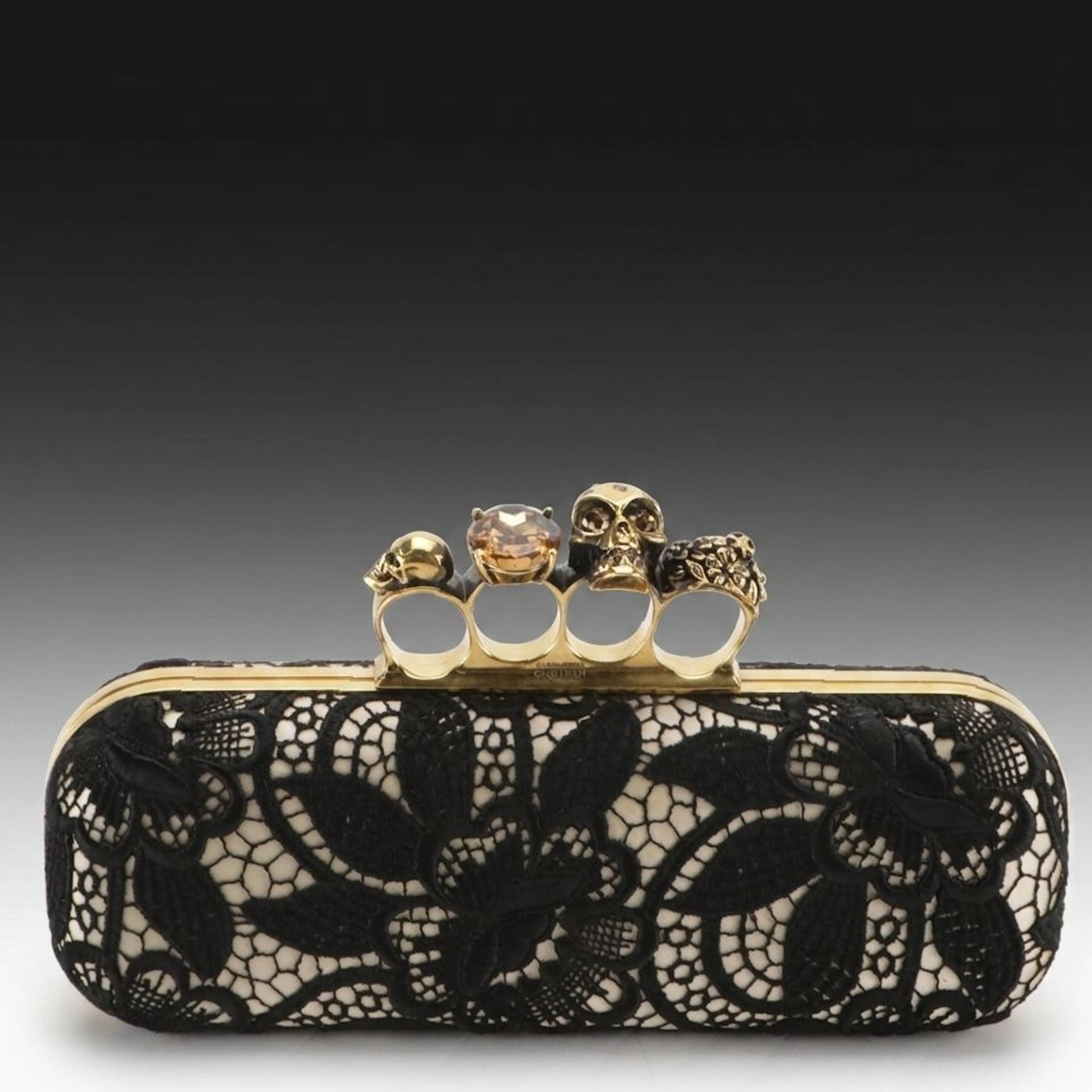 Alexander McQueen Skull Four-Ring Knuckle Clutch in B&W Floral Lace Overlay