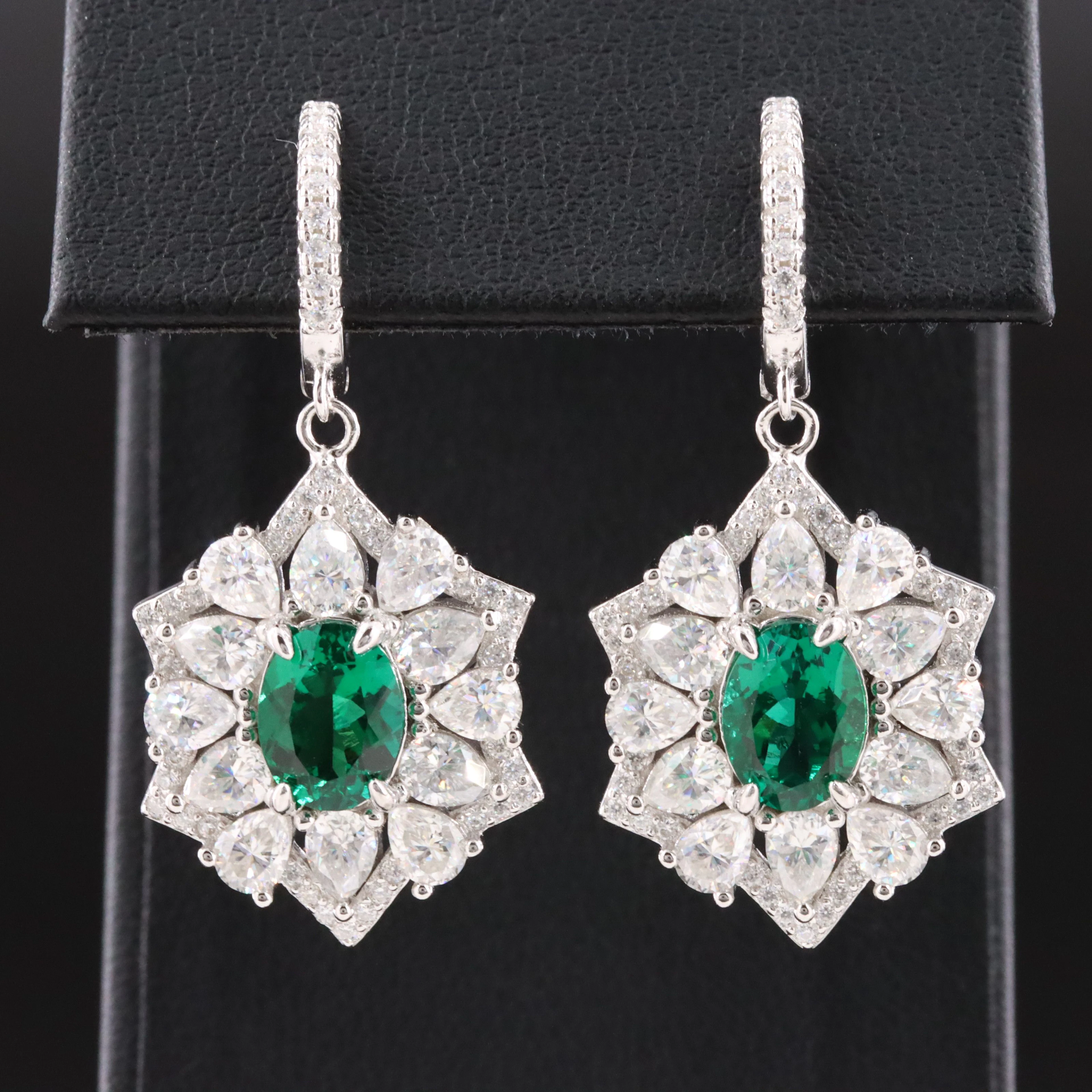 Sterling Emerald and Moissanite Drop Earrings