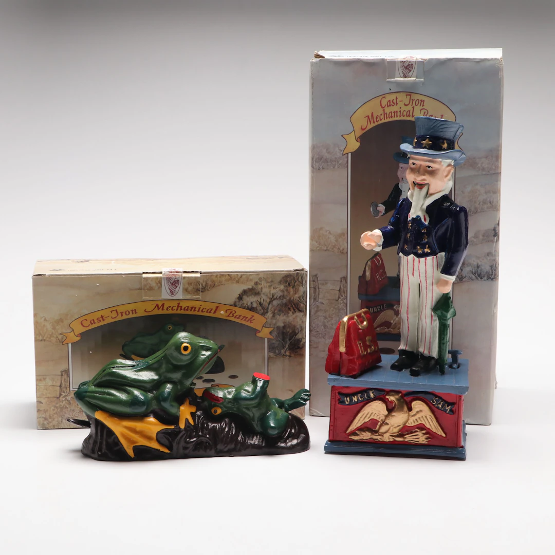 Heritage Mint Uncle Sam and Frogs Cast Iron Mechanical Banks