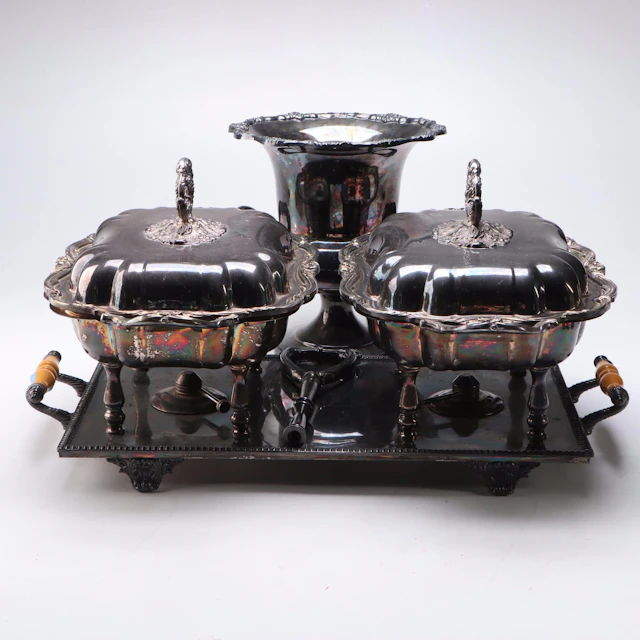 Victorian Style Silver Plate Buffet Servers with Urn-Shaped Bottle Cooler