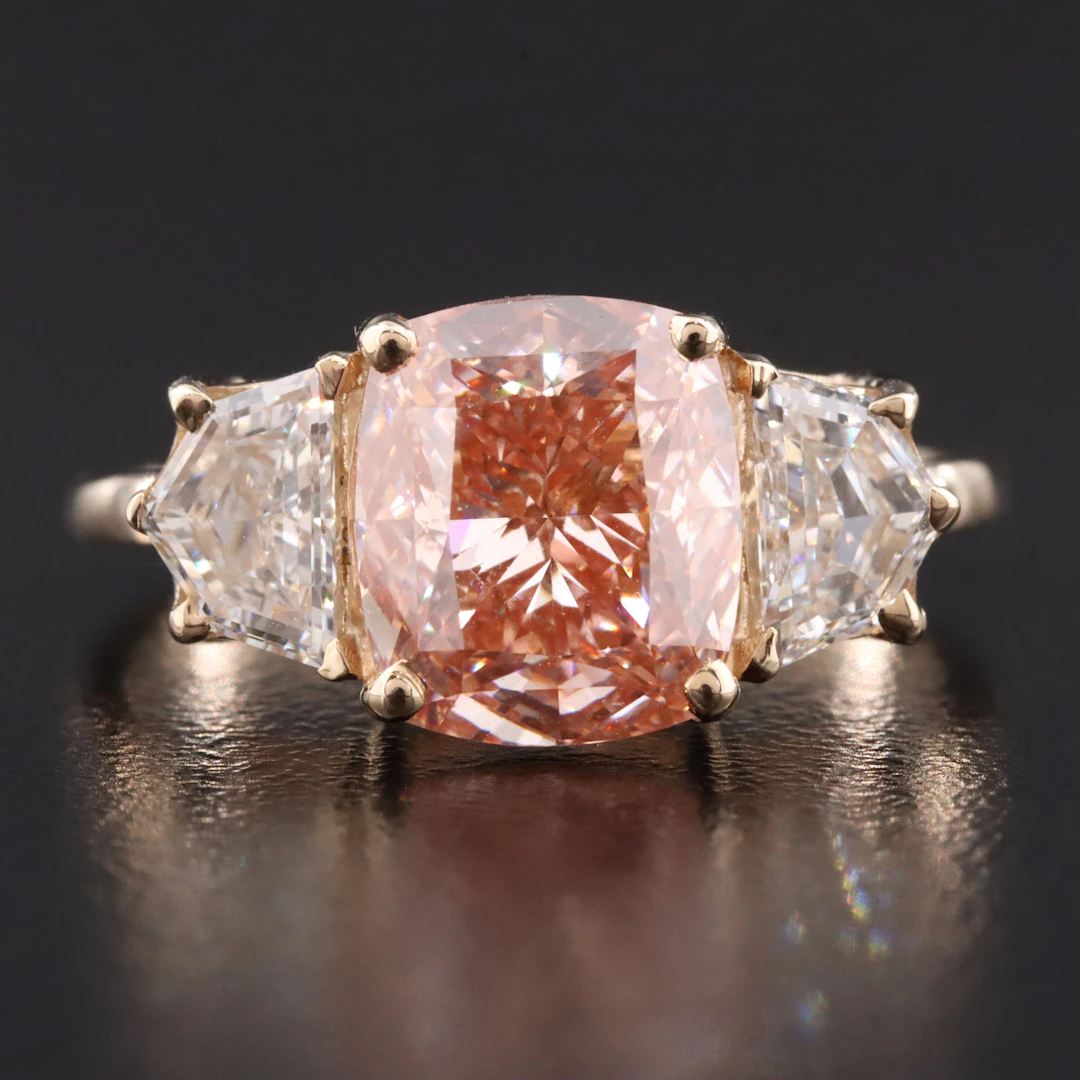 14K 3.81 CTW Lab Grown Diamond Ring with Fancy Vivid Pink Center and IGI Report