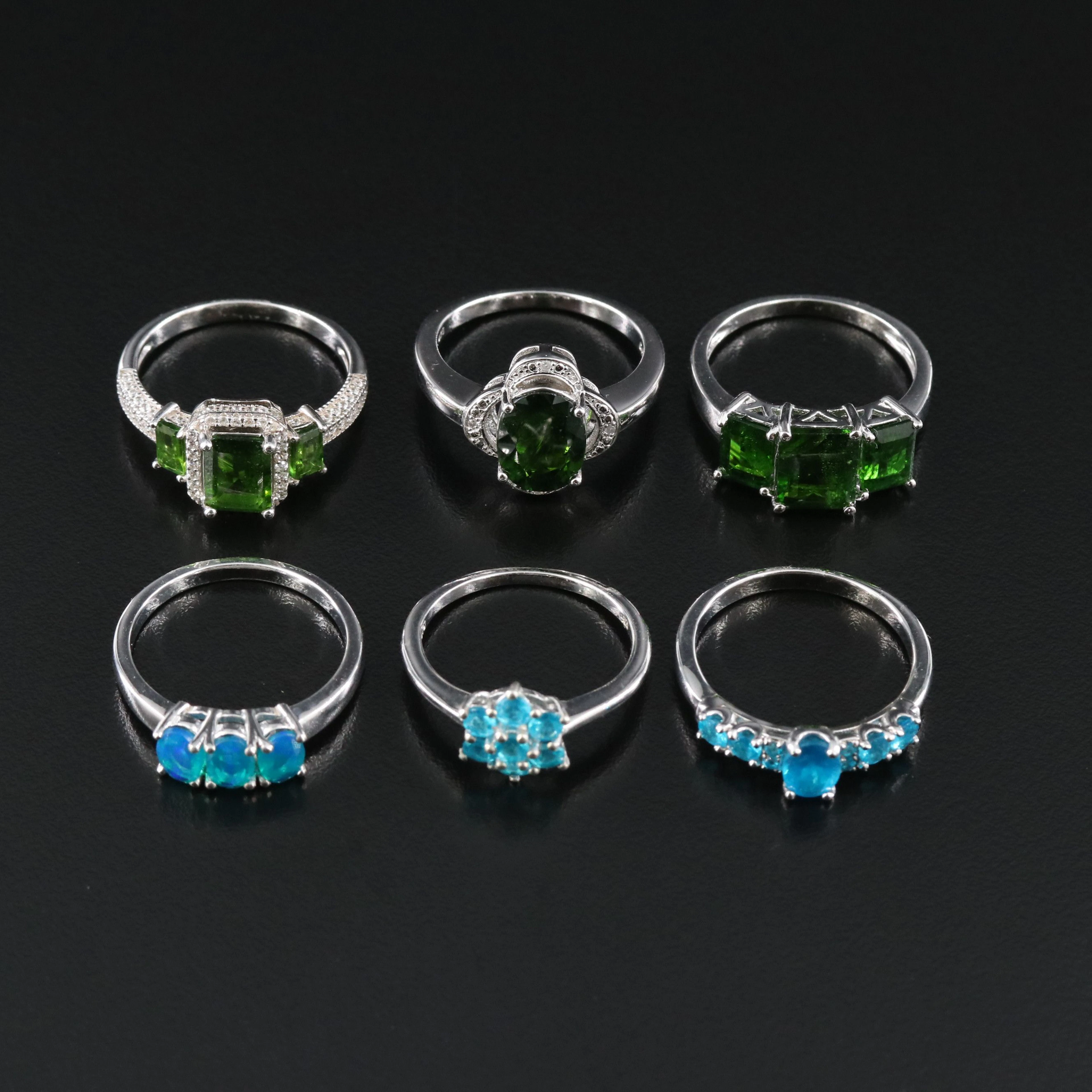 Sterling Chrome Diopside, Apatite and Opal Rings