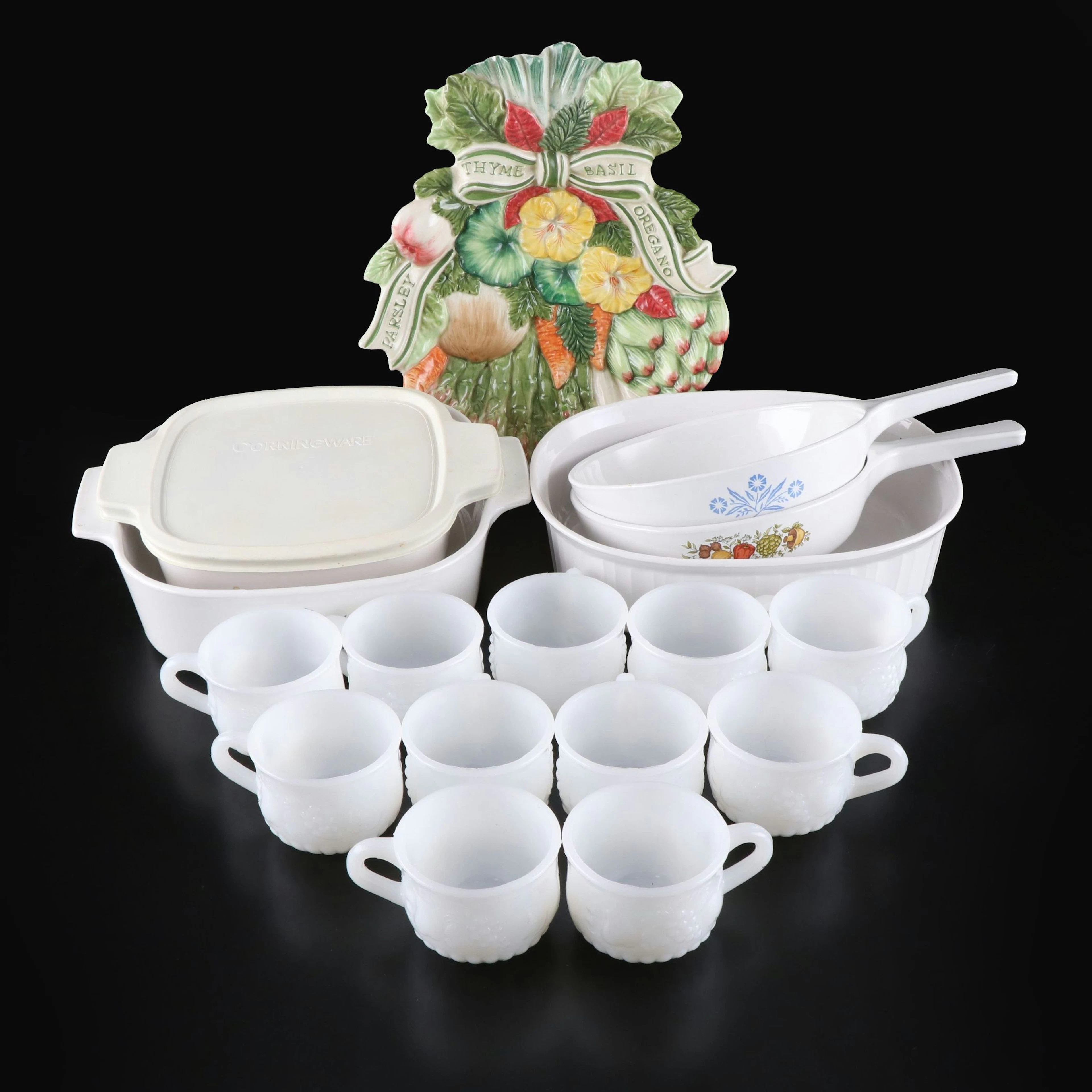 Fitz & Floyd "Herb Garden" Canape Plate with Other Bakeware and Milk Glass Cups