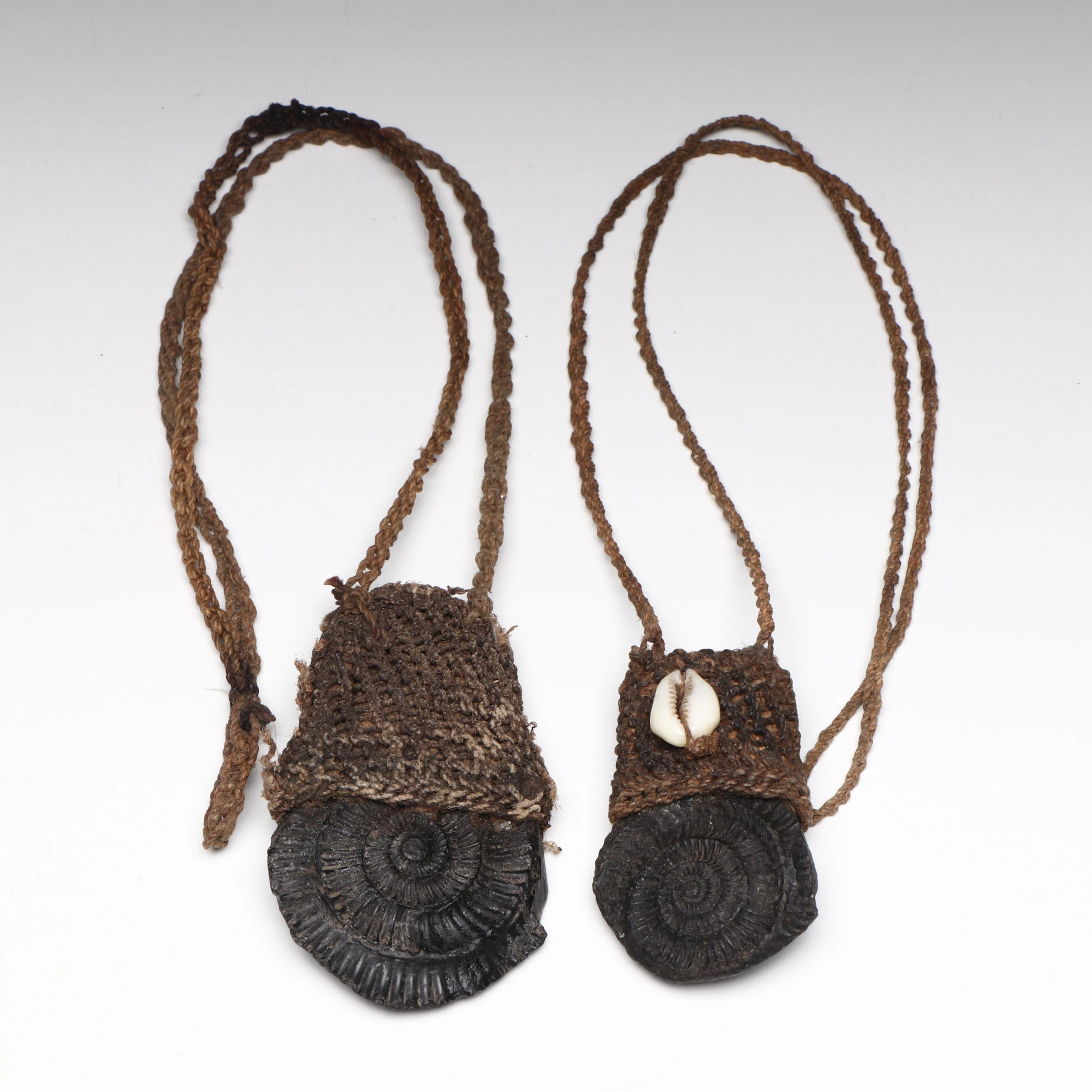 Papua New Guinea Ammonite Nautilus Fossil and Cowrie Shell Woven Necklaces