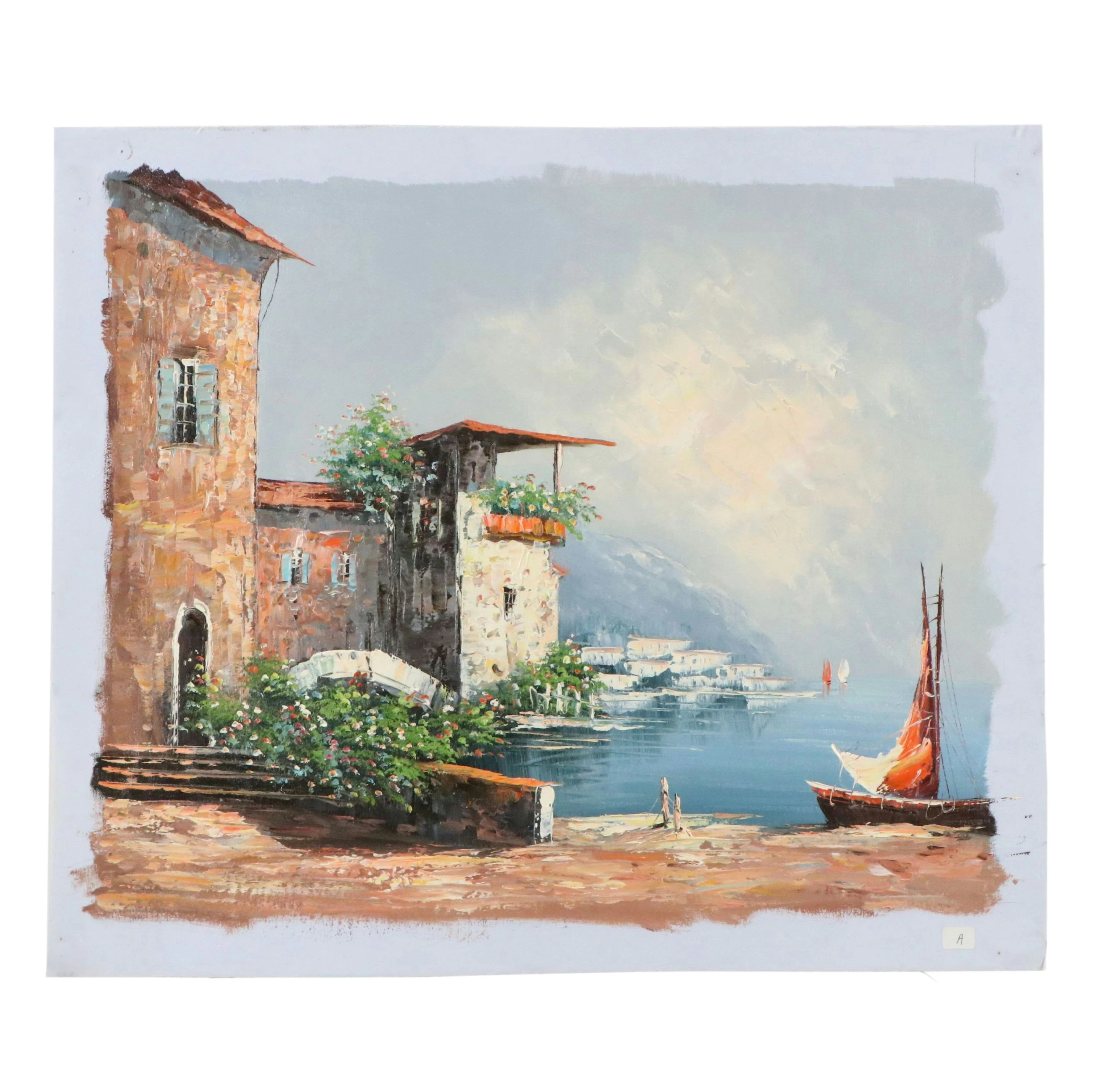 Oil Painting of Italian Lake Villa Scene, Late 20th Century