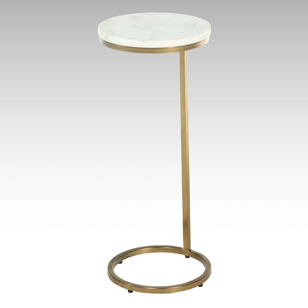 Williams-Sonoma "Delaney" White Marble and Brass C-Shape Drink Table