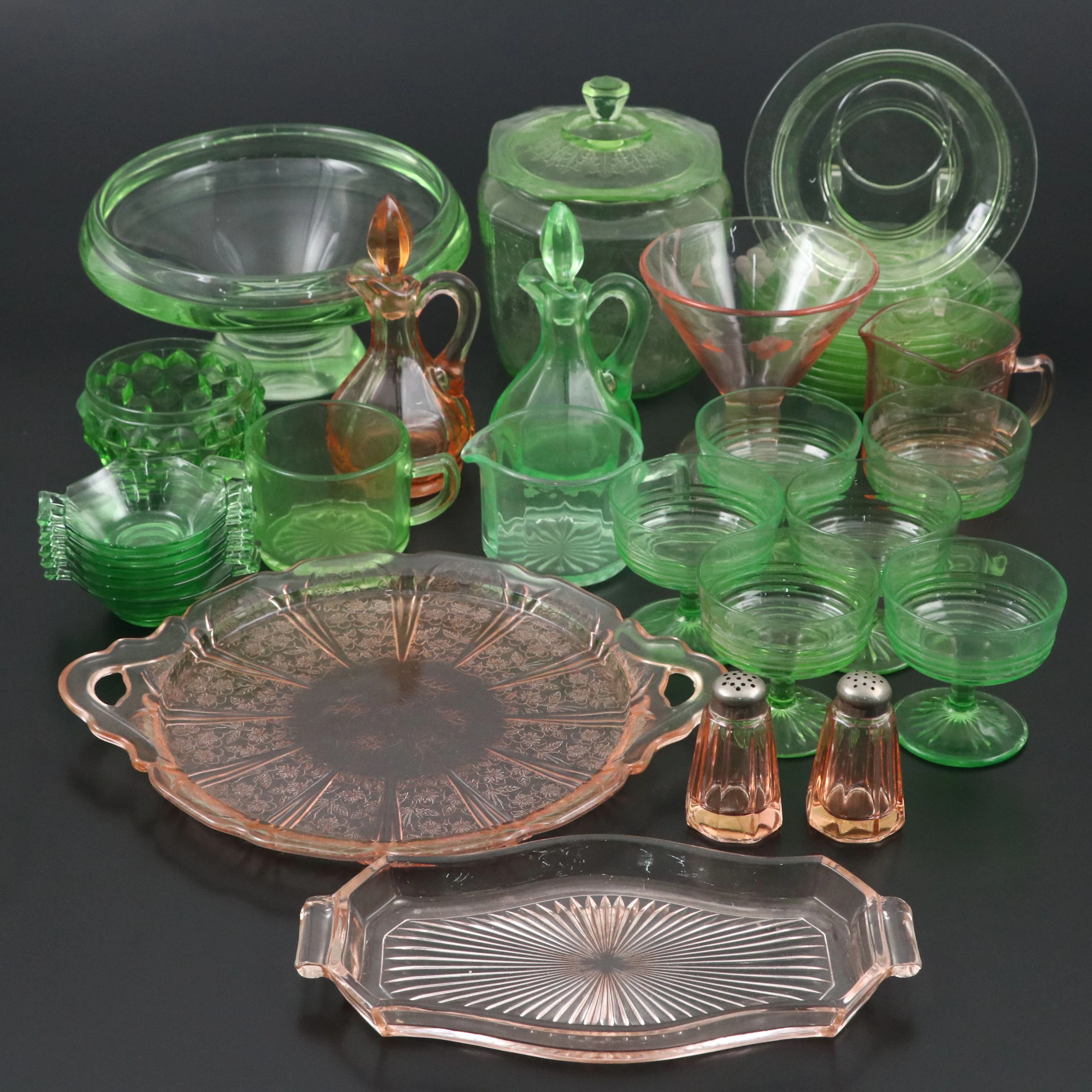 Jeannette with Other Uranium and Pink Depression Glass Tableware