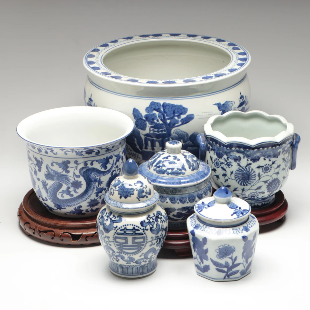 Chinese Style Blue and White Porcelain Planters and Cachepot with Lidded Jars