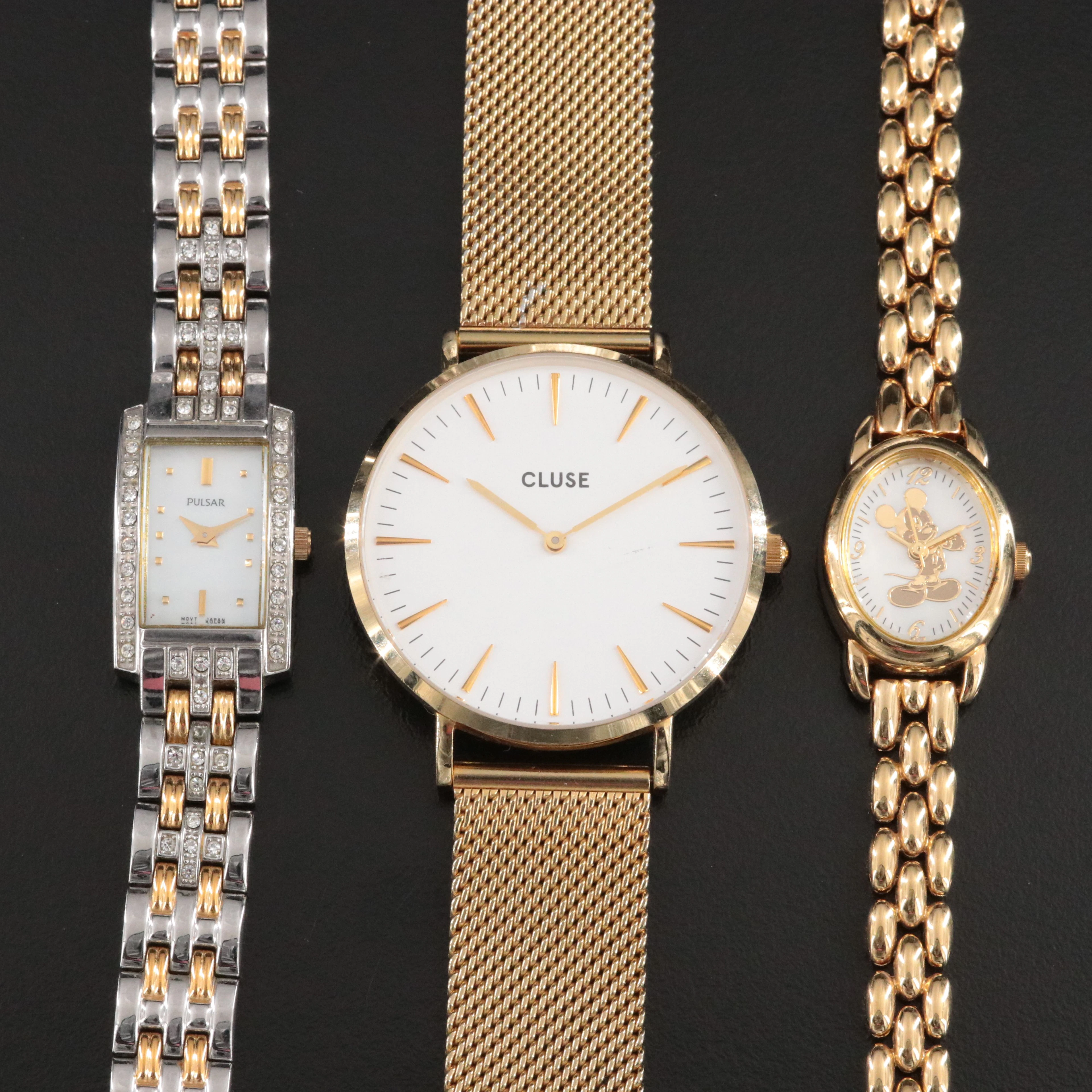 Selection of Gold Tone Mickey Mouse, Pulsar and Cluse Quartz Watches