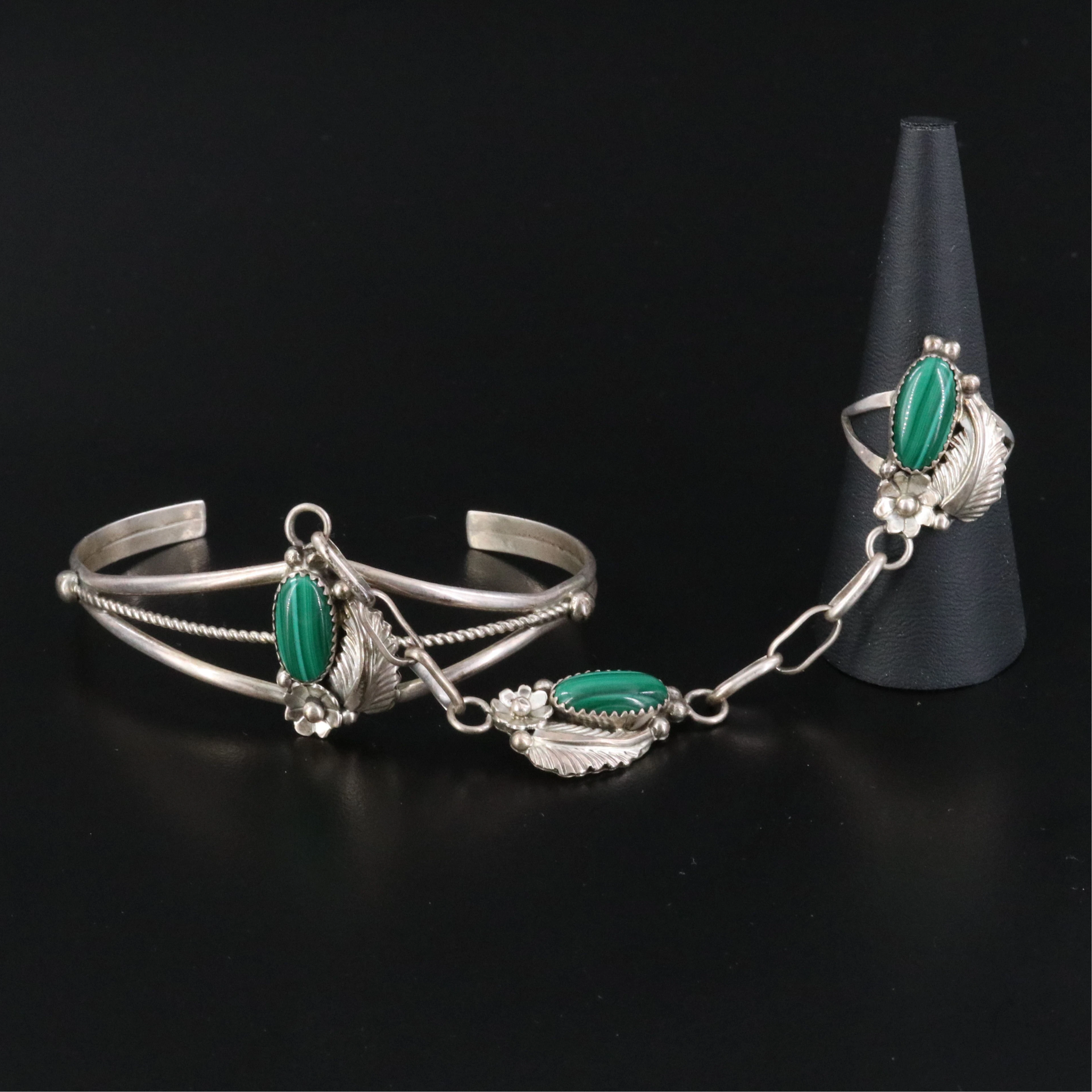 Western Sterling Malachite Hand Chain Bracelet