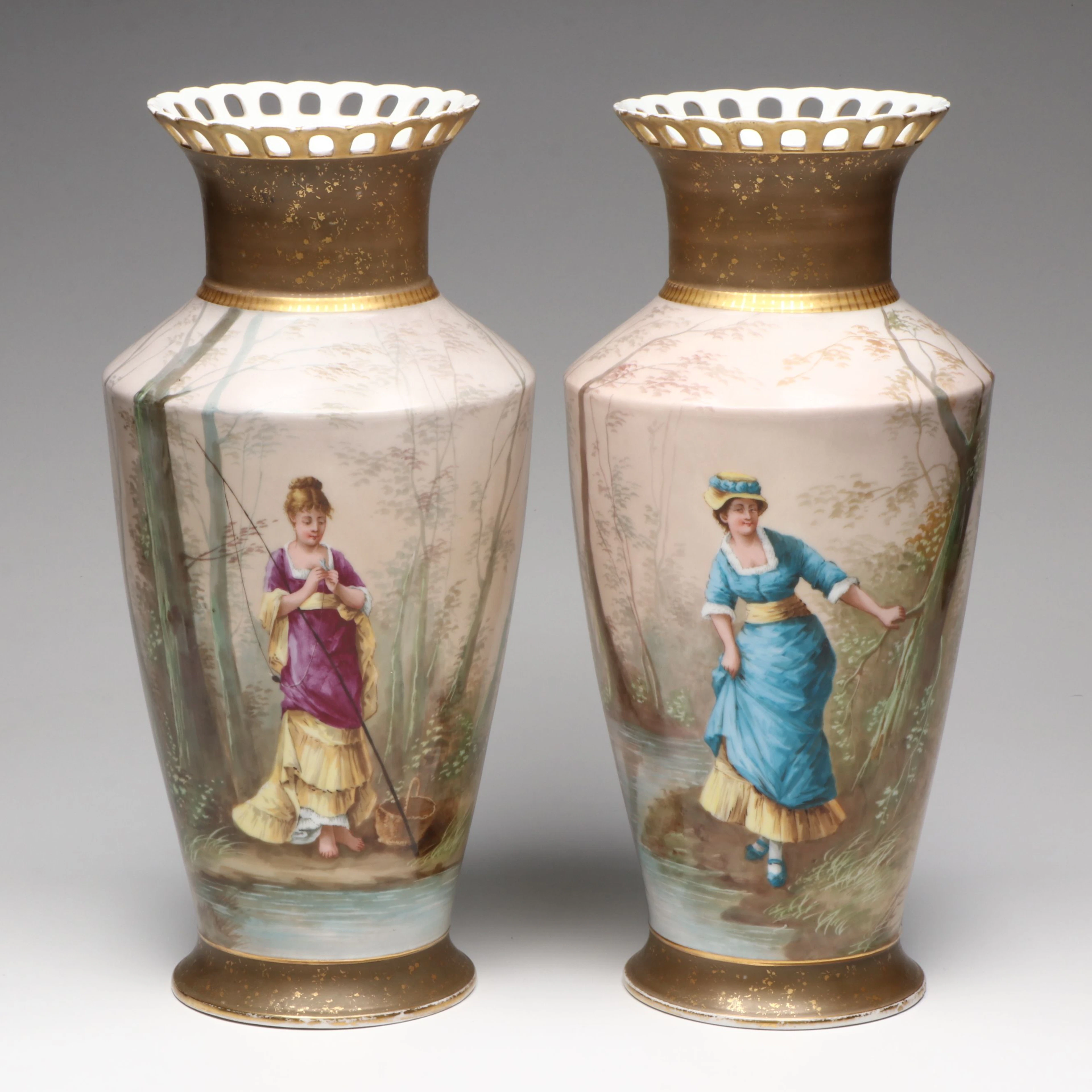 Pair of European Hand-Painted Porcelain Cabinet Vases, Late 19th to