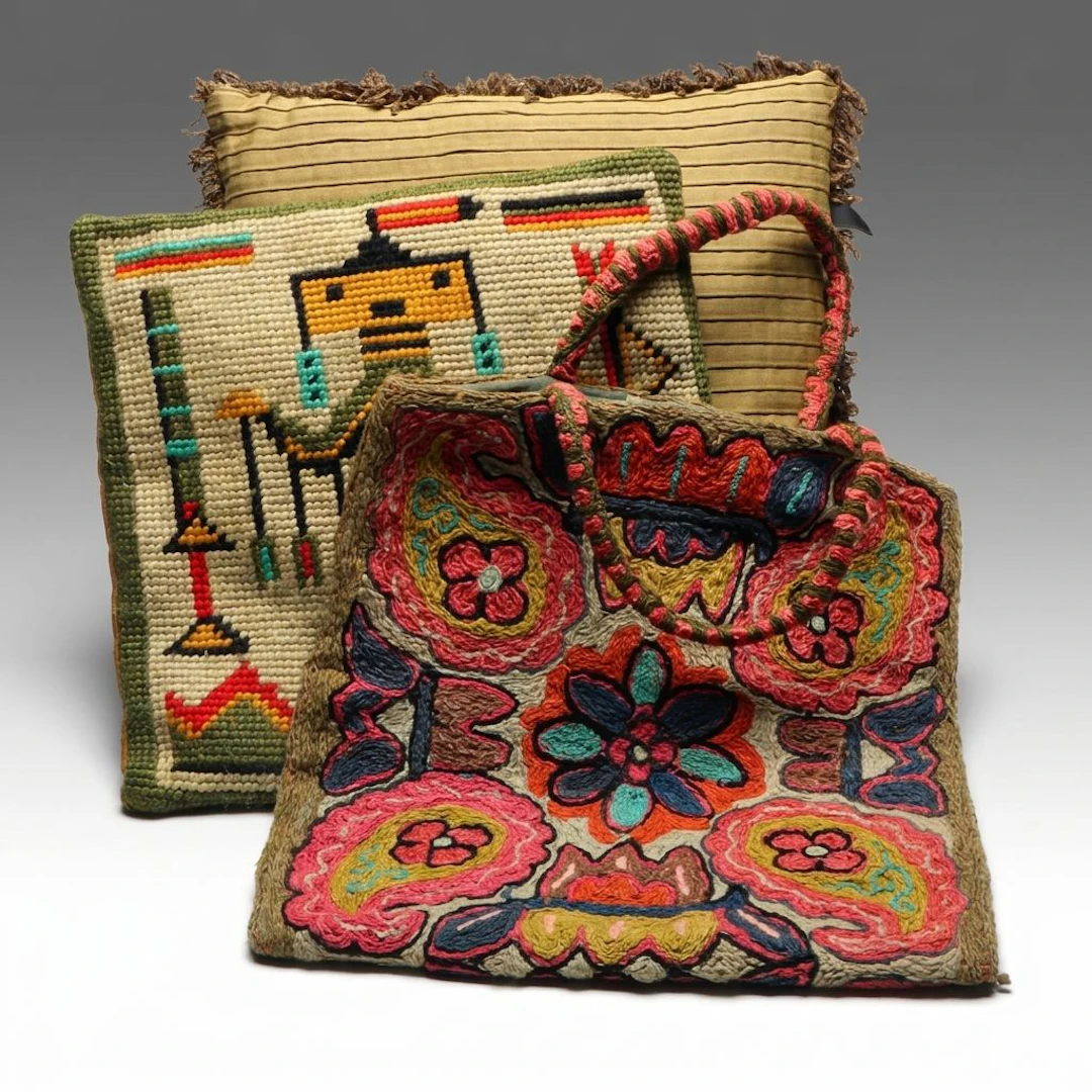 Needlepoint and Pleated Accent Pillows with Handmade Chain-Stitch Tote Bag