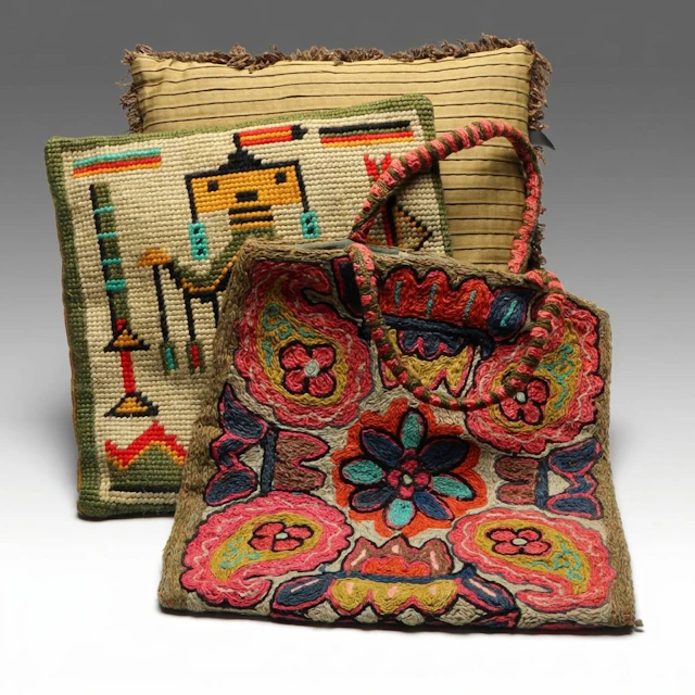Needlepoint and Pleated Accent Pillows with Handmade Chain-Stitch Tote Bag