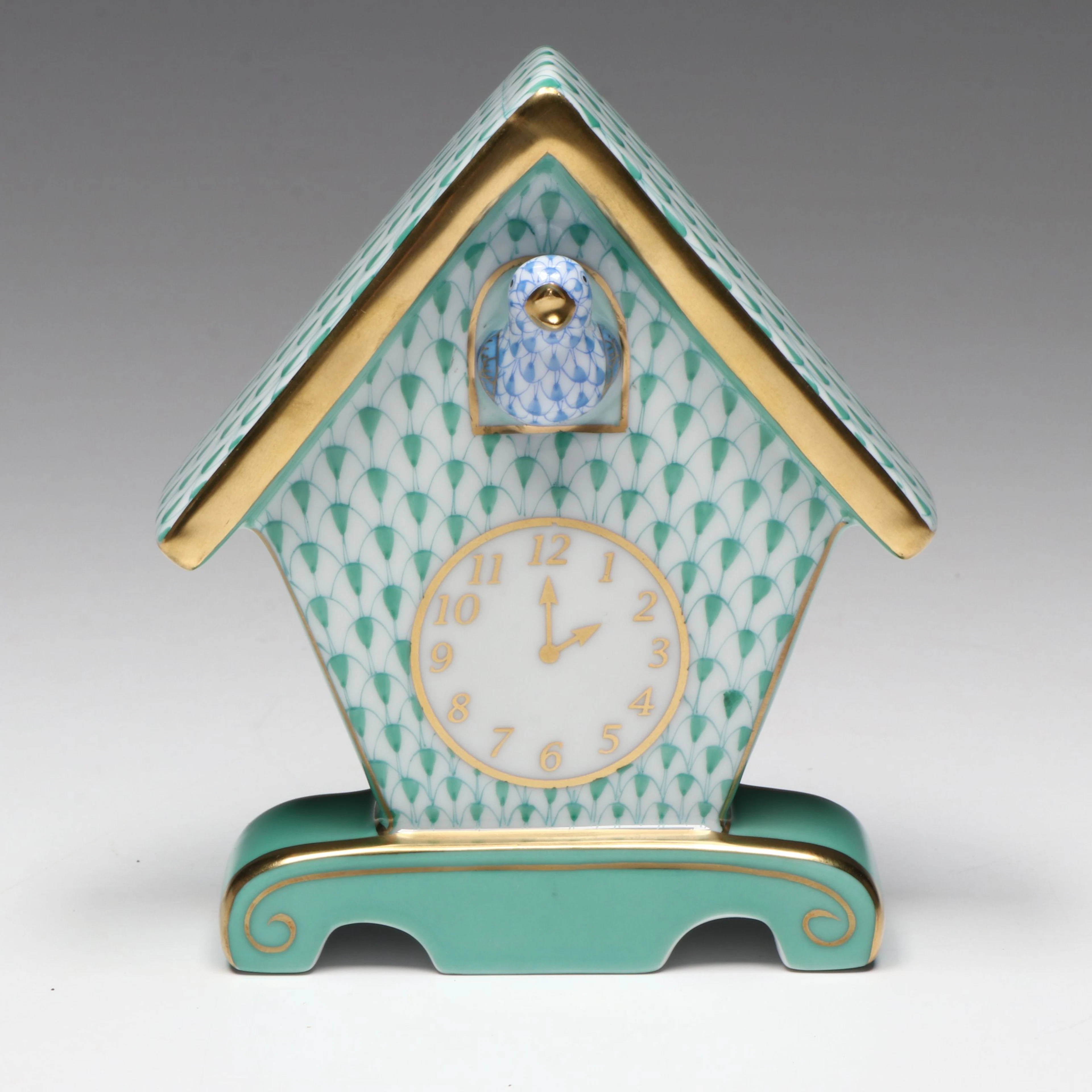 Herend Green Fishnet with Gold "Cuckoo Clock" Porcelain Figurine