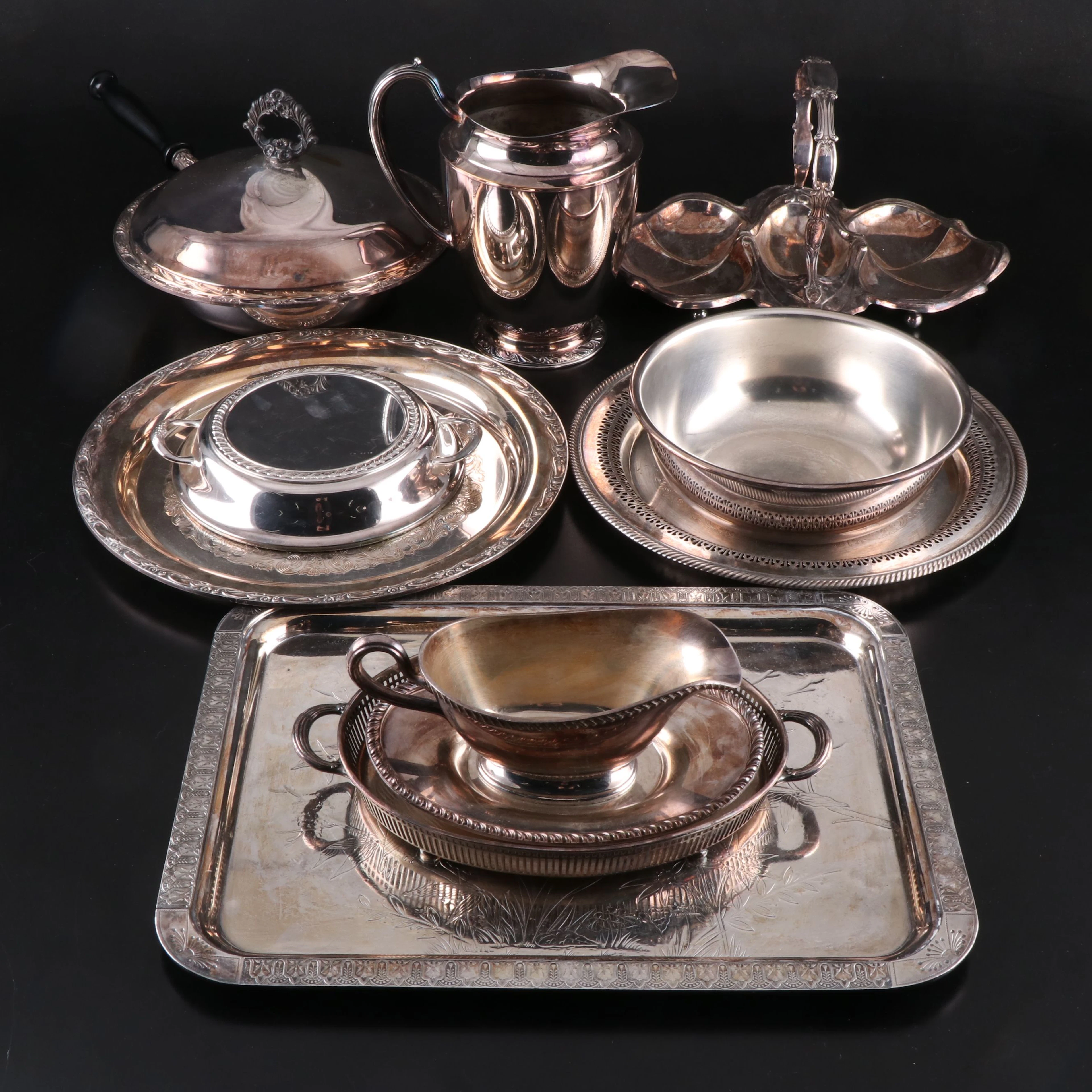 Oneida Water Pitcher with Walker & Hall and Other Silver Plate Serving Pieces