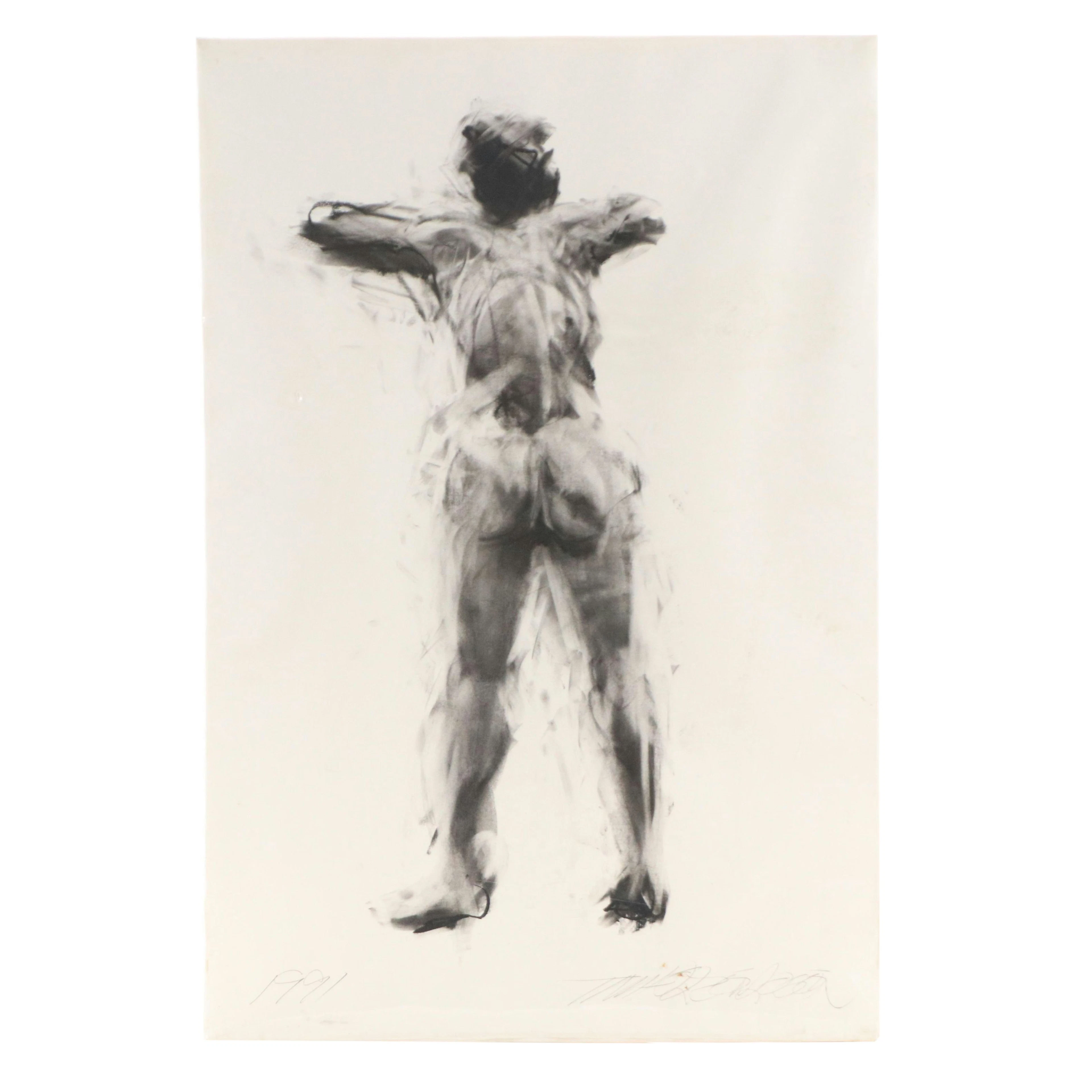Figural Charcoal Drawing of Female Nude, 1991