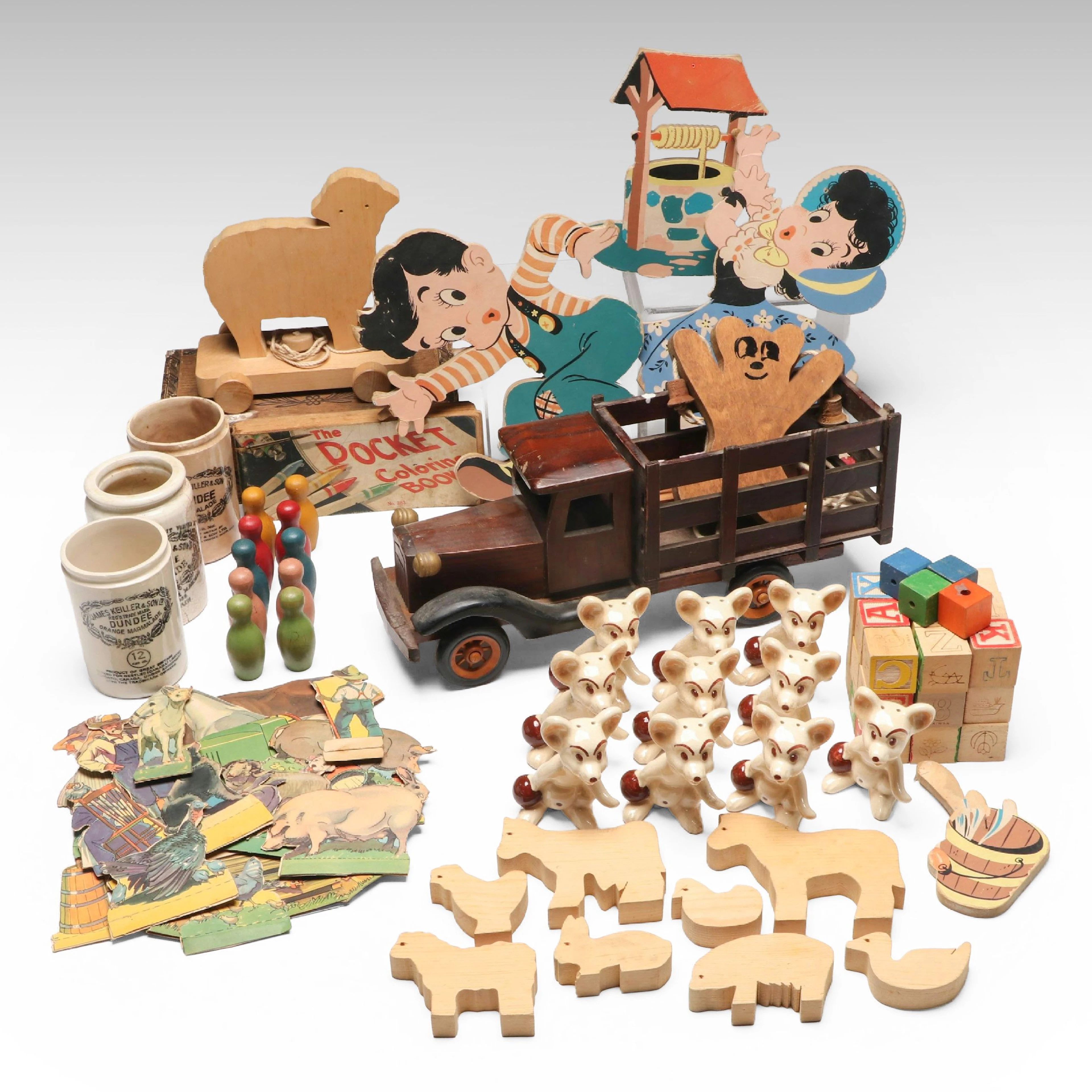 Barnyard Paper Dolls, Wooden Blocks and Animals and More Toys, Vintage