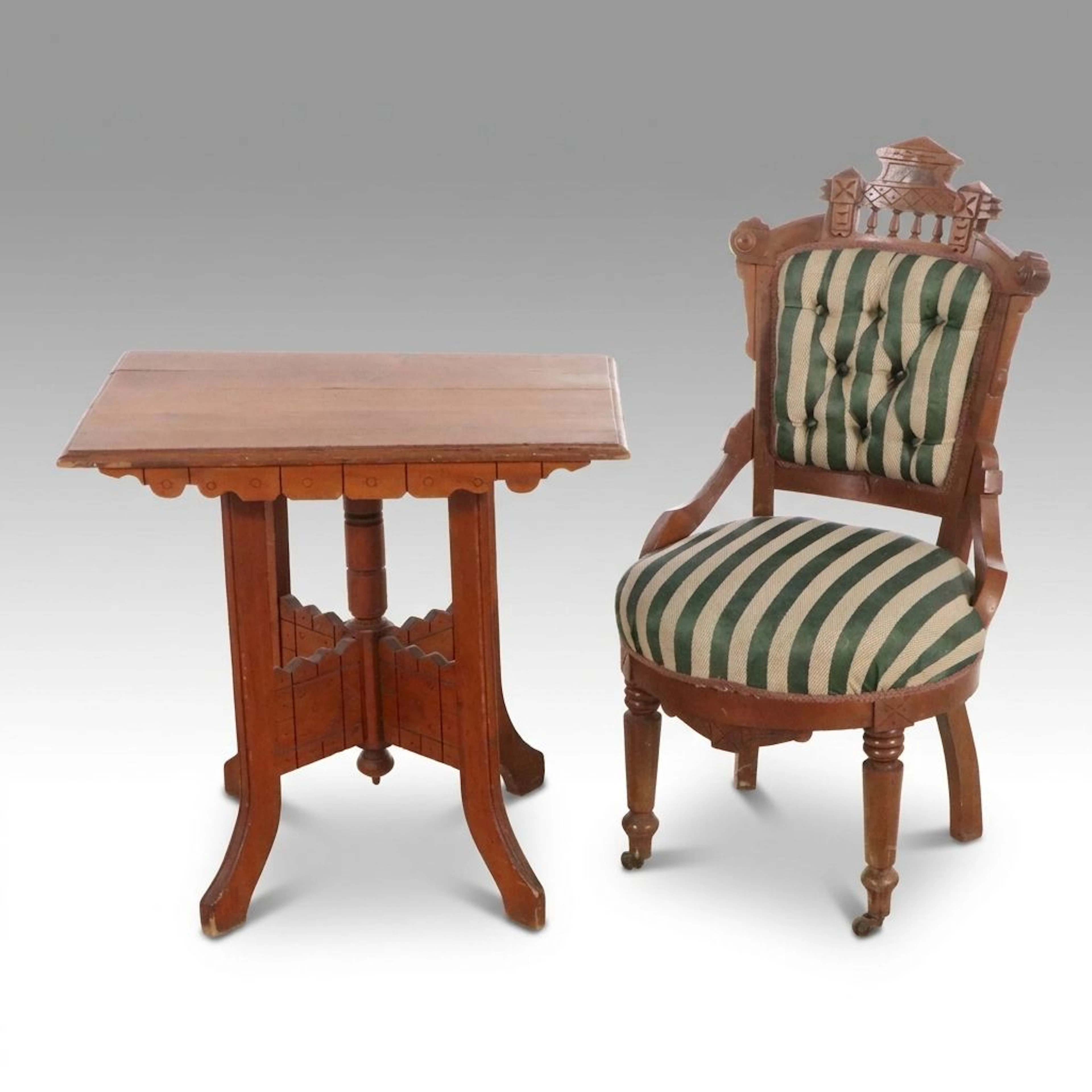 Eastlake Carved Walnut Center Table with Button-Tufted Parlor Chair