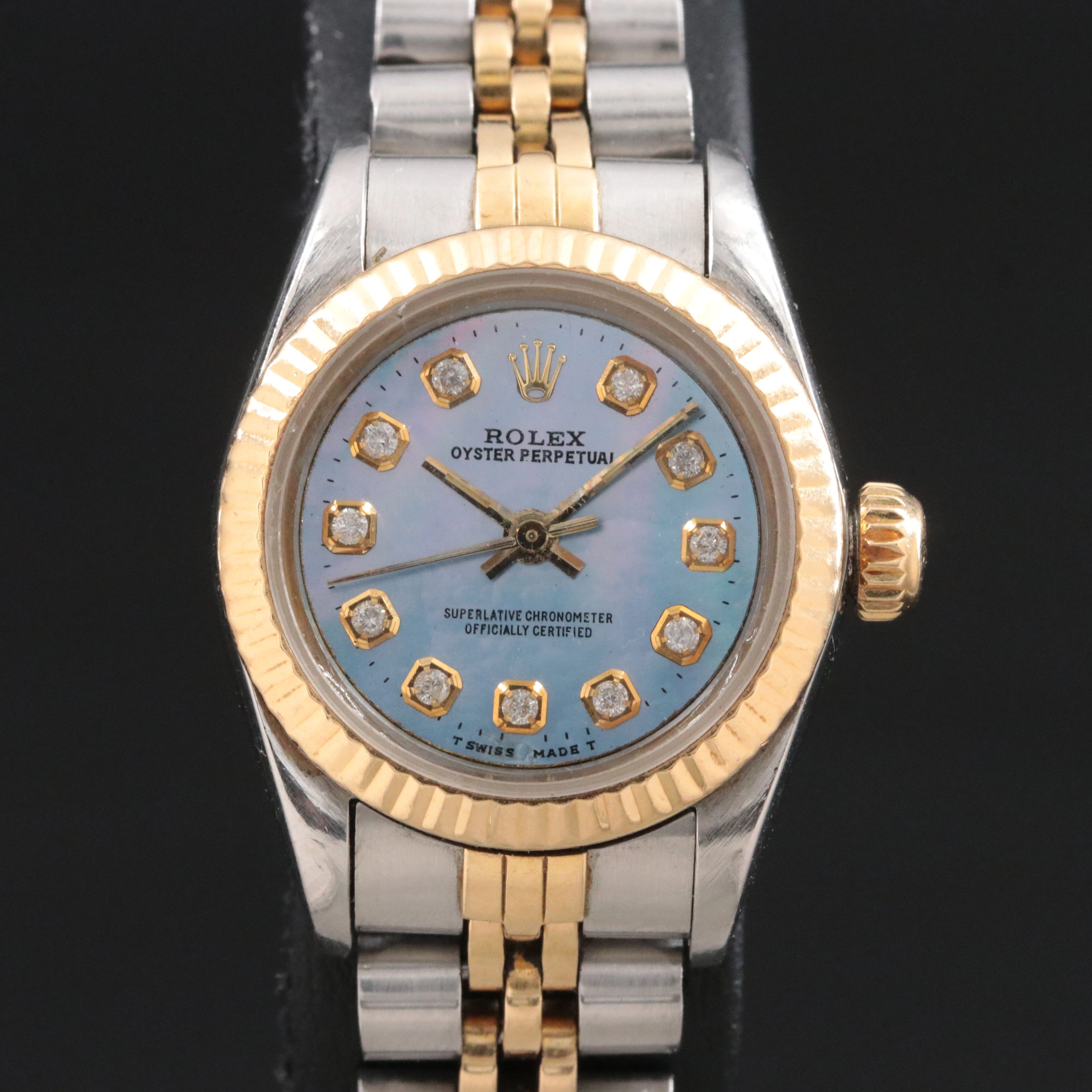 1986 Rolex Custom Diamond M.O.P. Dial Oyster Perpetual Watch Ref. 67193