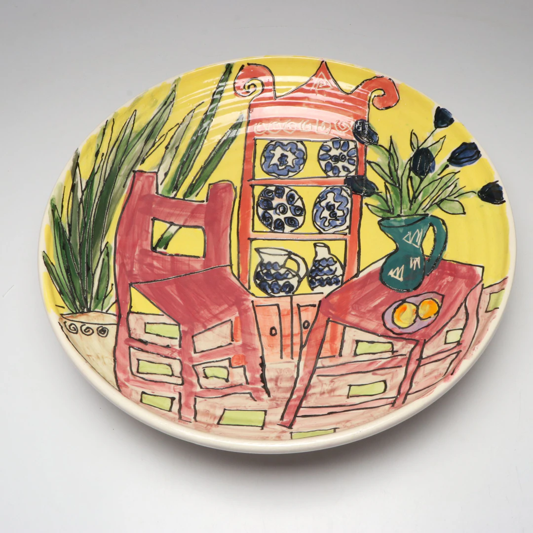 Studio Art Pottery Sgraffito Interior Scene Charger, 1990