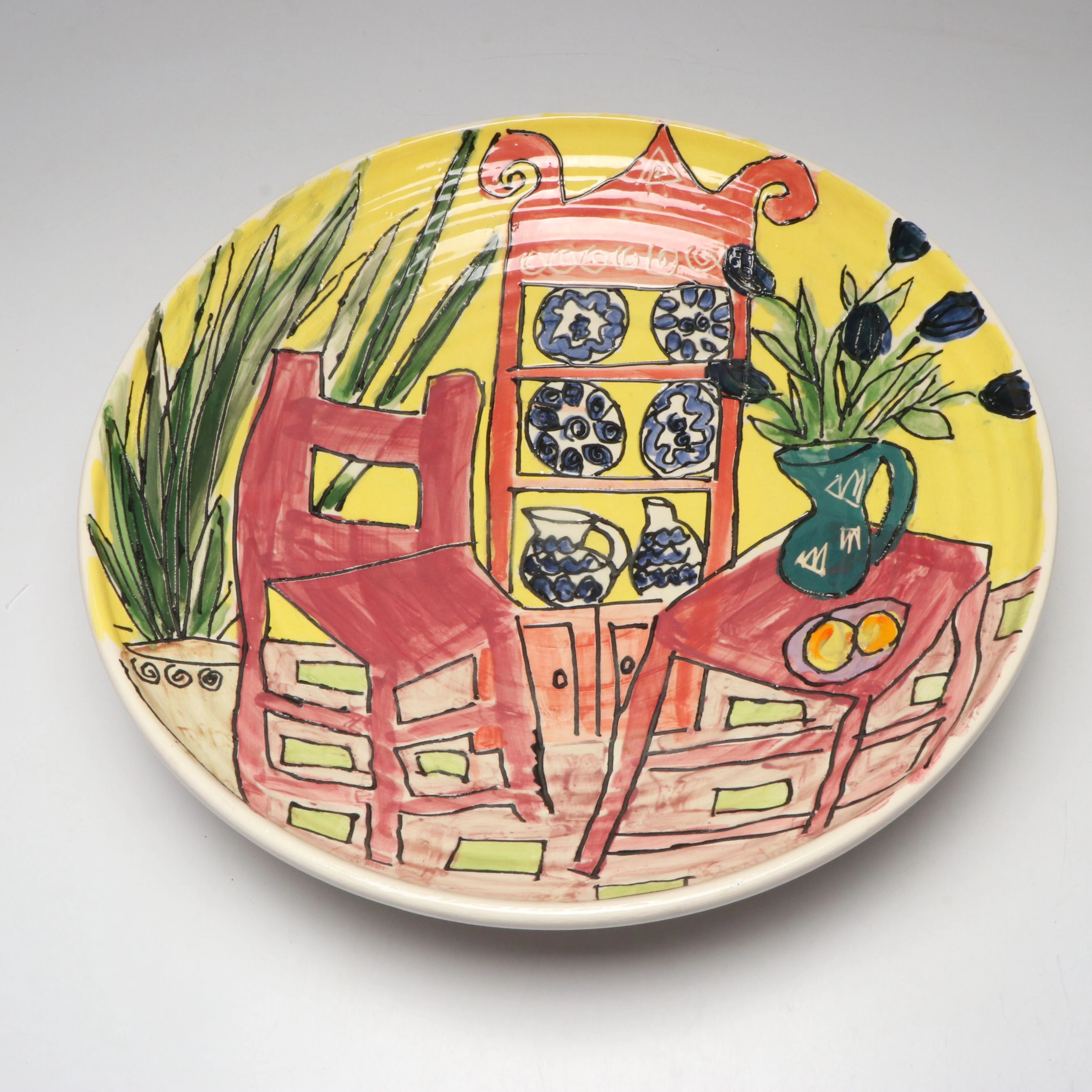 Studio Art Pottery Sgraffito Interior Scene Charger, 1990