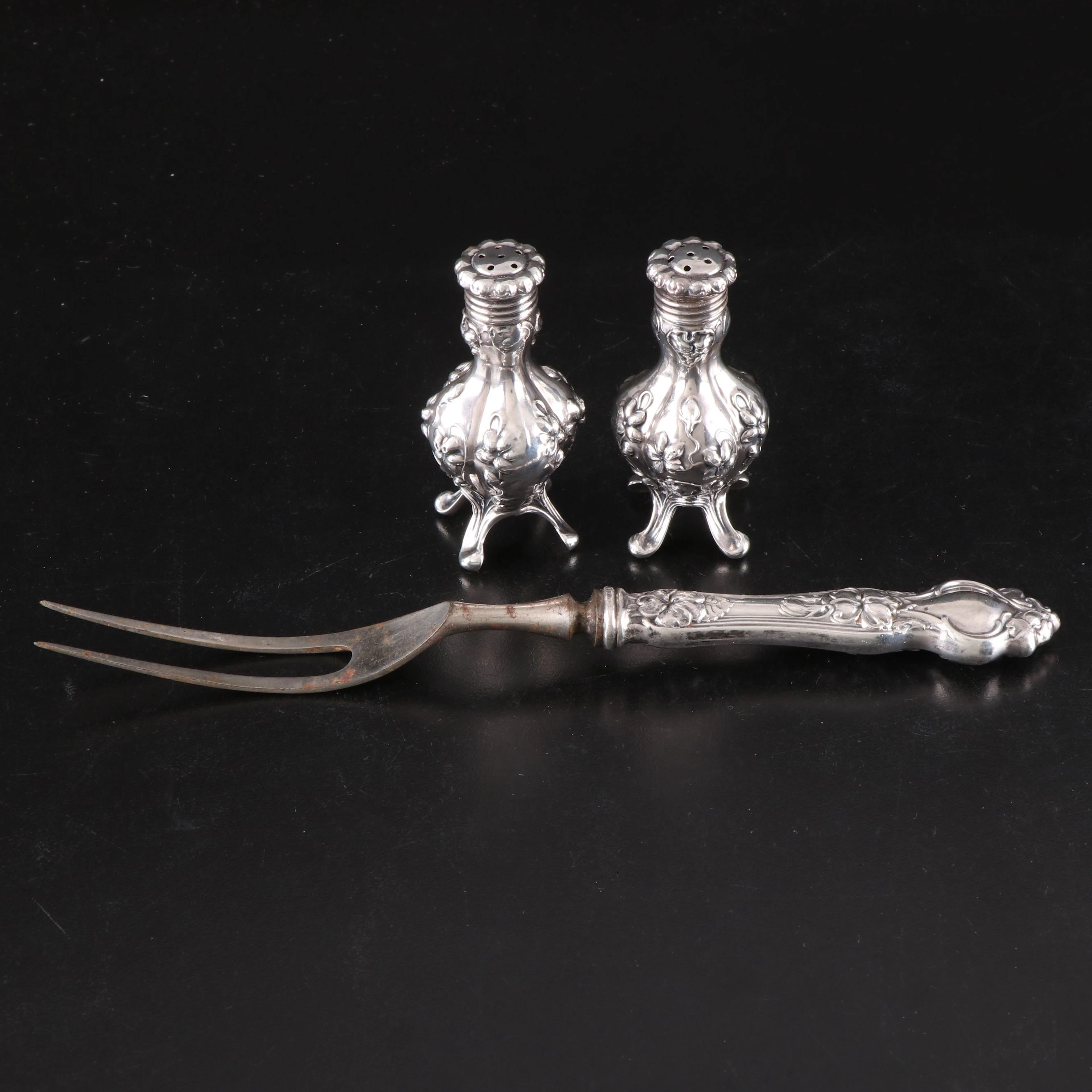 Wallace "Violet" Sterling Silver Handled Carving Fork with Floral Shakers