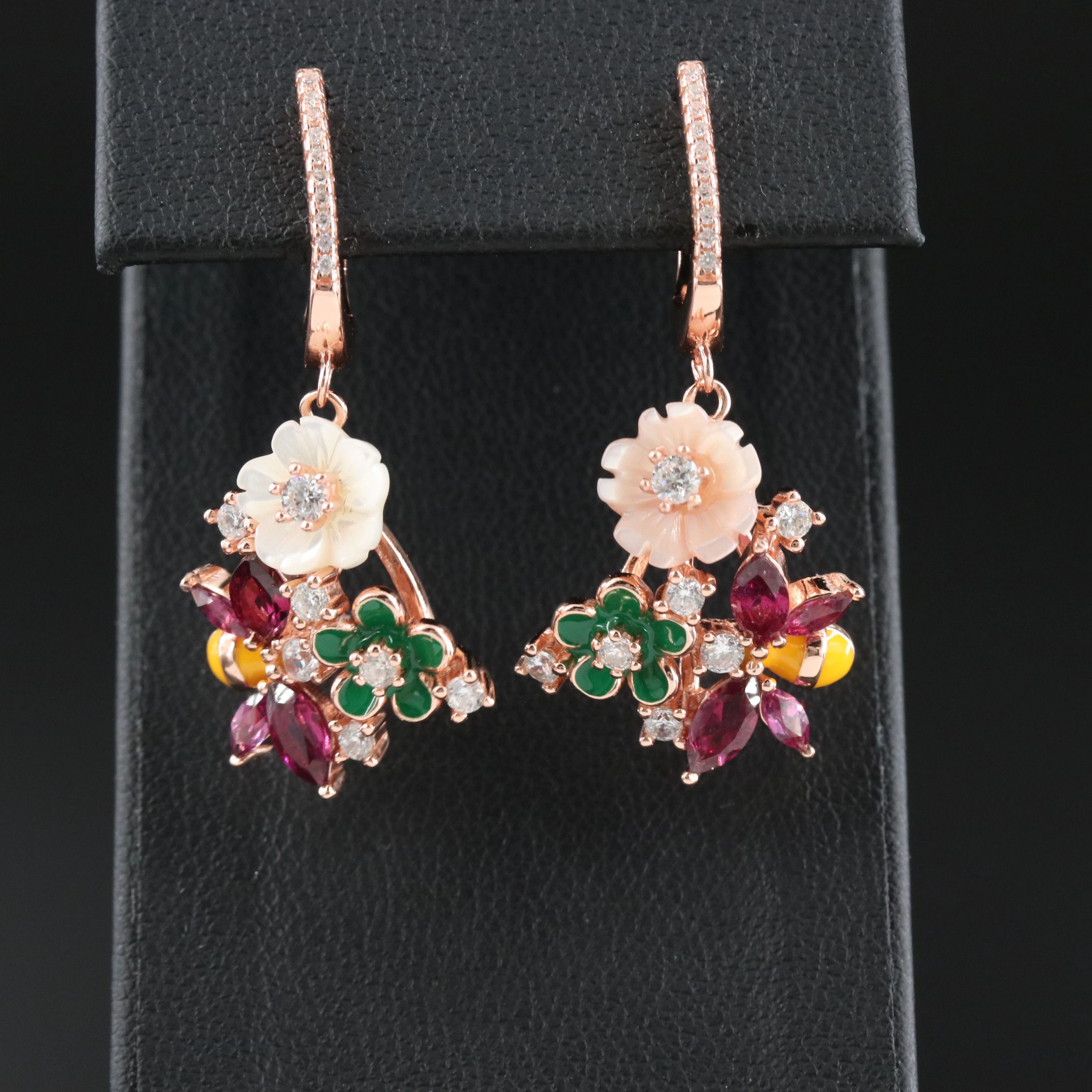 Sterling Mother-of-Pearl, Rhodolite and CZ Dangle Earrings
