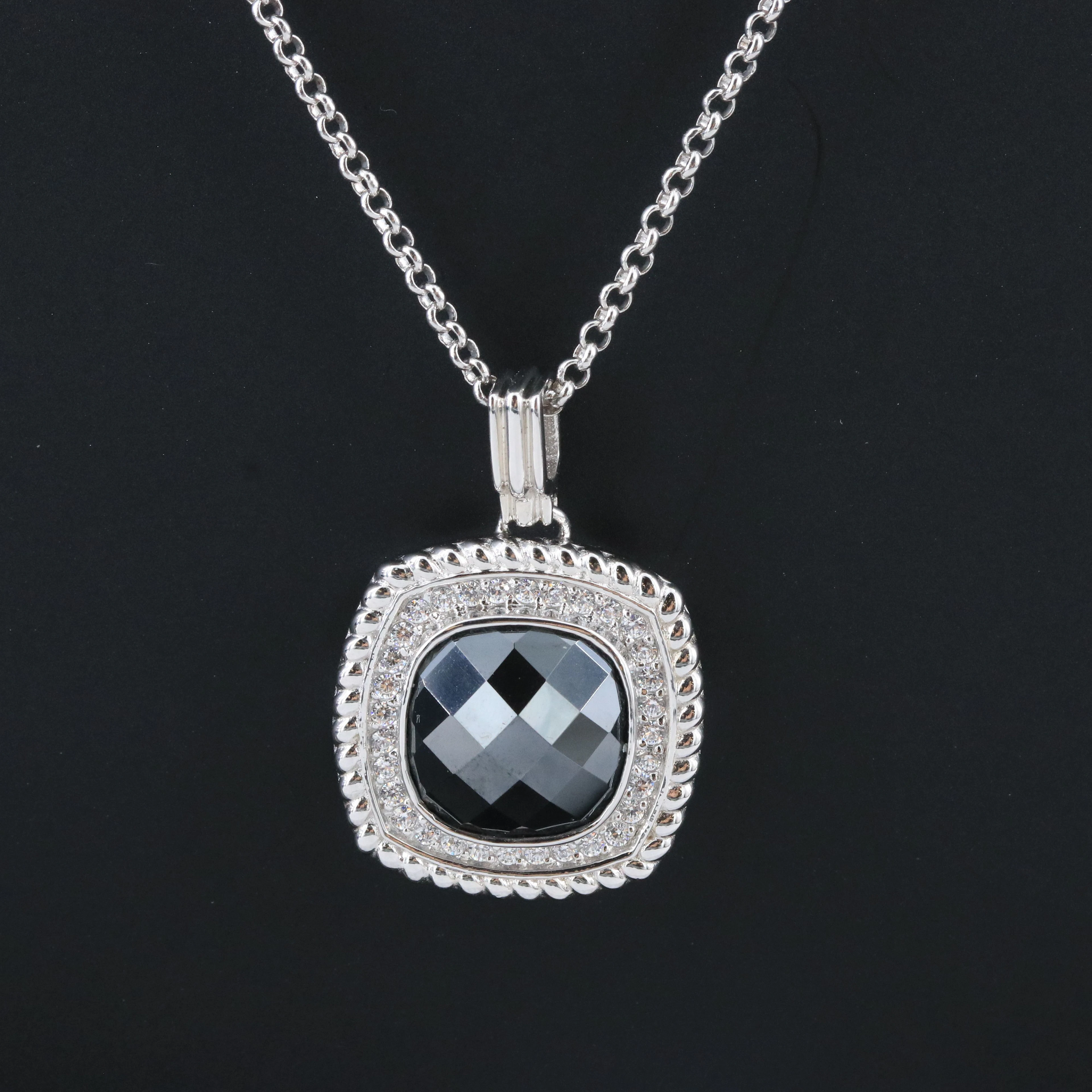 Sterling Faux Hematite and CZ Pendant Necklace