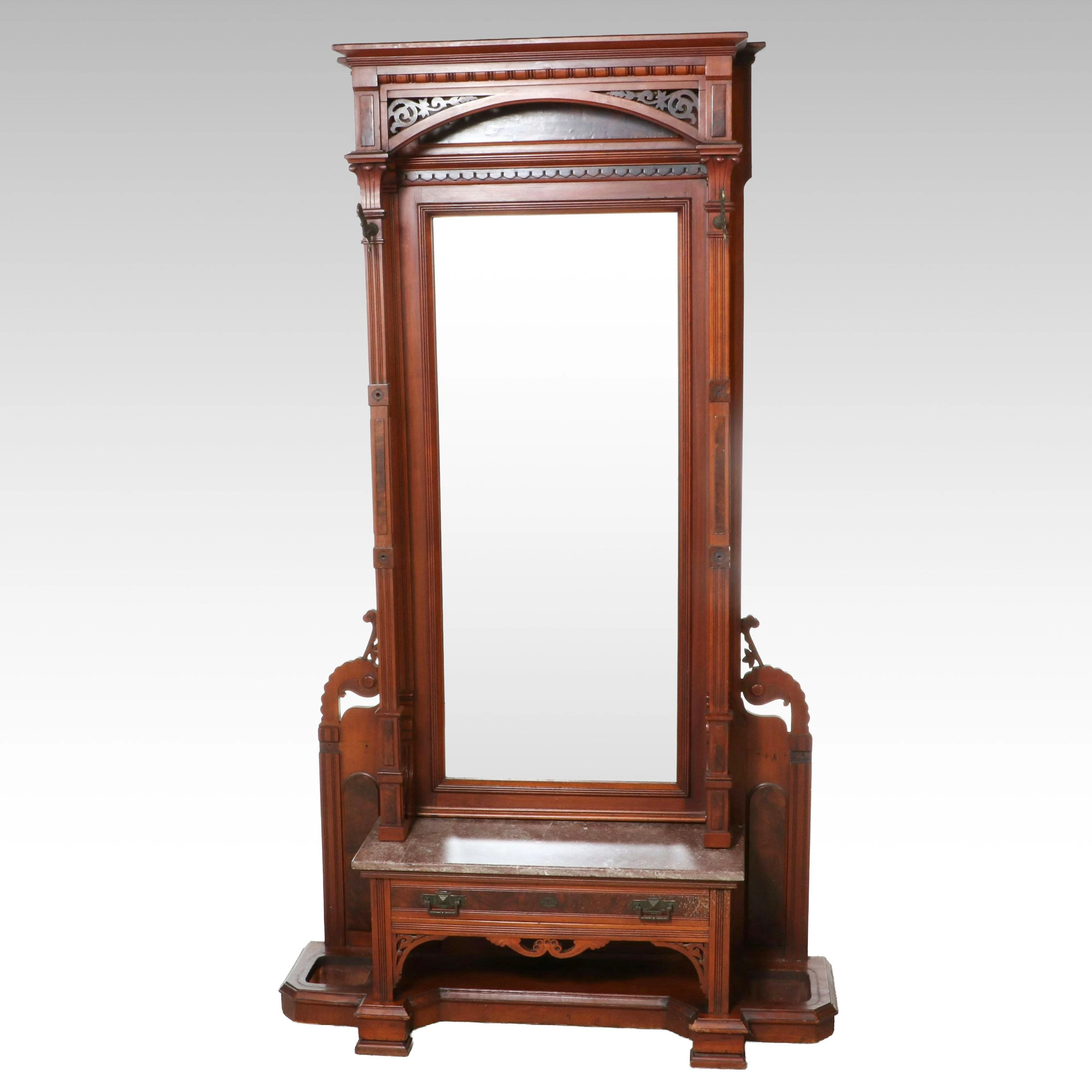 Victorian Aesthetic Movement Style Mirror Back Hall Tree, Late 19th Century